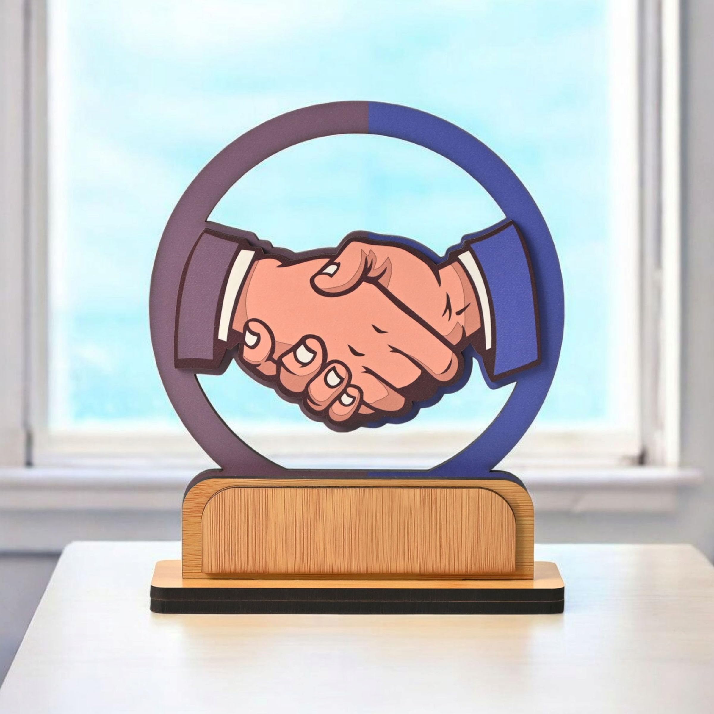 gkd wooden handshake memento trophy | diy customizable partnership award for corporate gifts, dealer meets & business achievements | office desk décor | add your own sticker or text (handshake)
