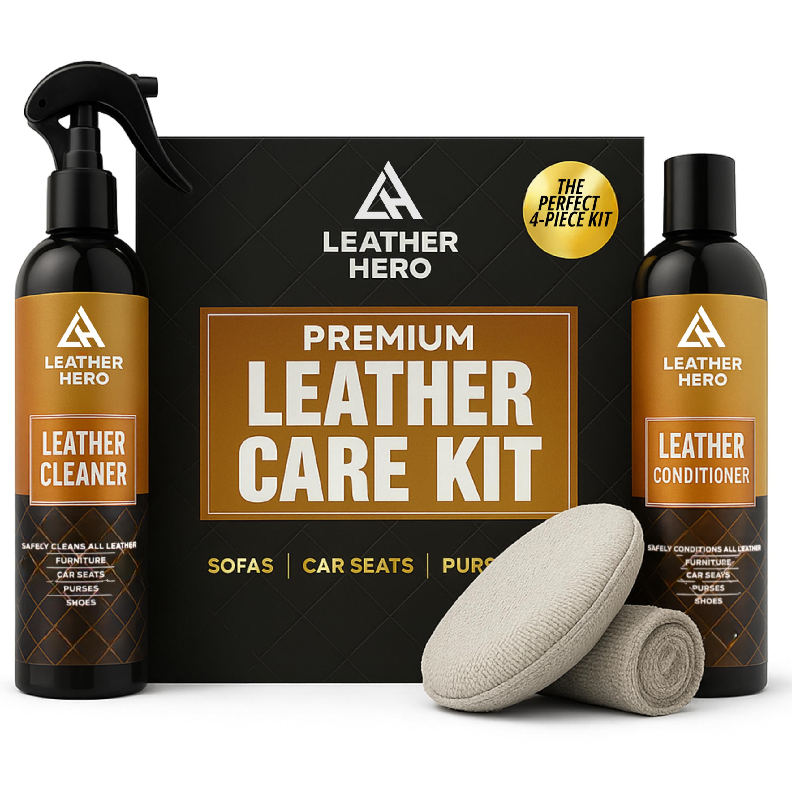 Leather Cleaner and Conditioner Kit – 4-Piece Set with Best Leather Cleaner for Couches, Sofas, Chairs, Furniture, and Car Interiors