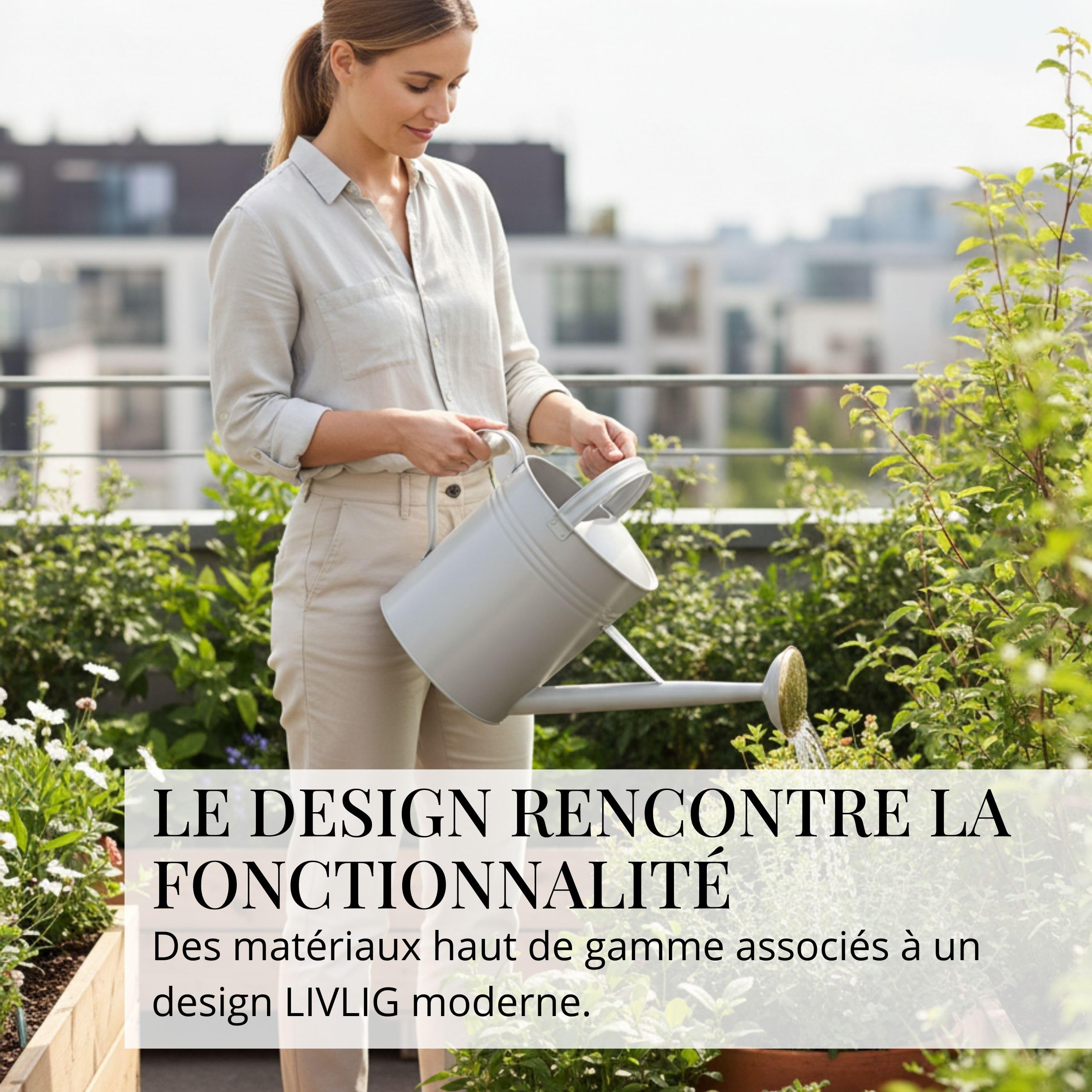 LIVLIG - Arrosoir vintage - 10 l - Pour jardin et balcon - Arrosoir en métal de qualité supérieure avec douchette amovible et design à 2 anses - Arrosoir vintage avec douchette en laiton - Greige