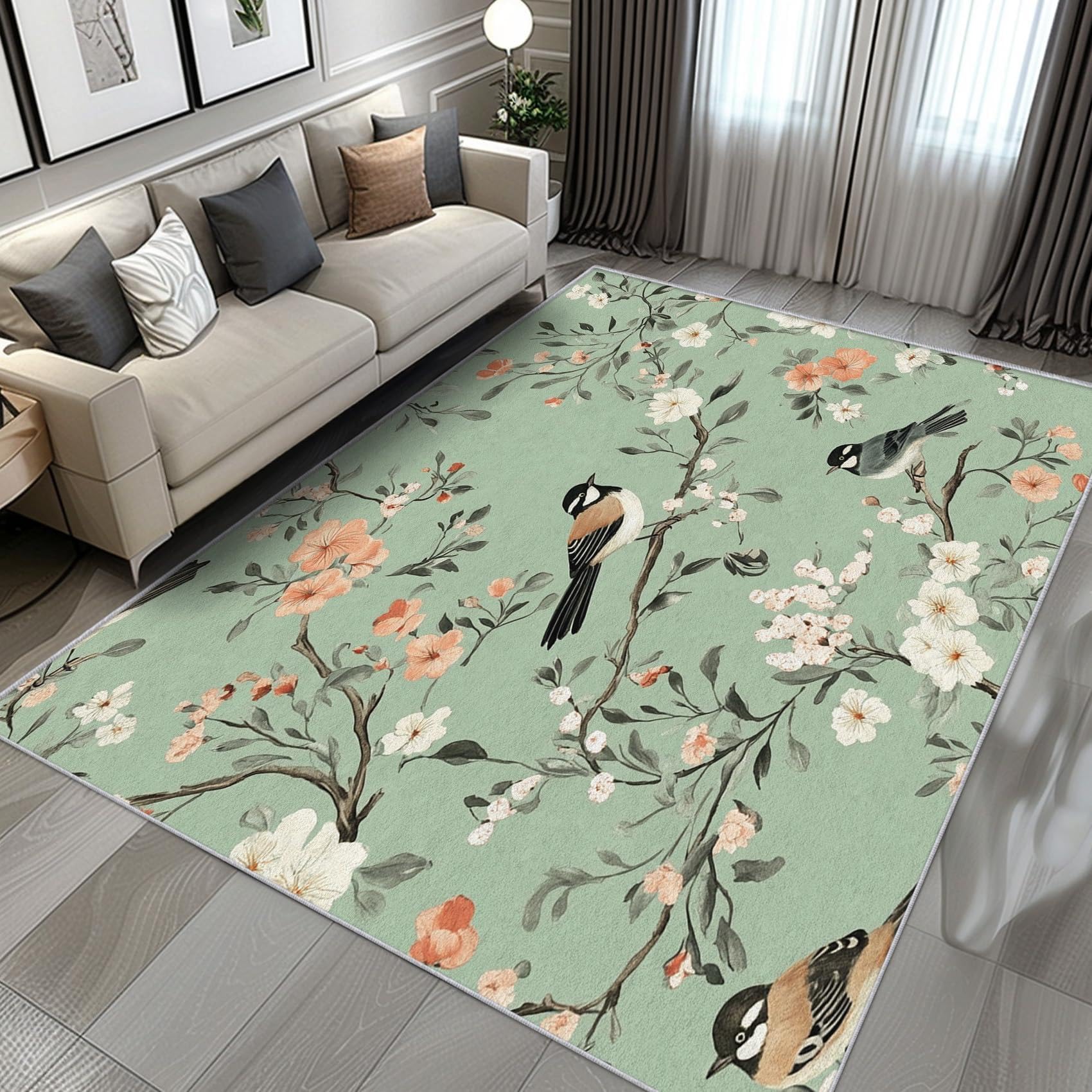Tapis motif fleurs et oiseaux vert sauge 160x240 cm pour salon et chambre