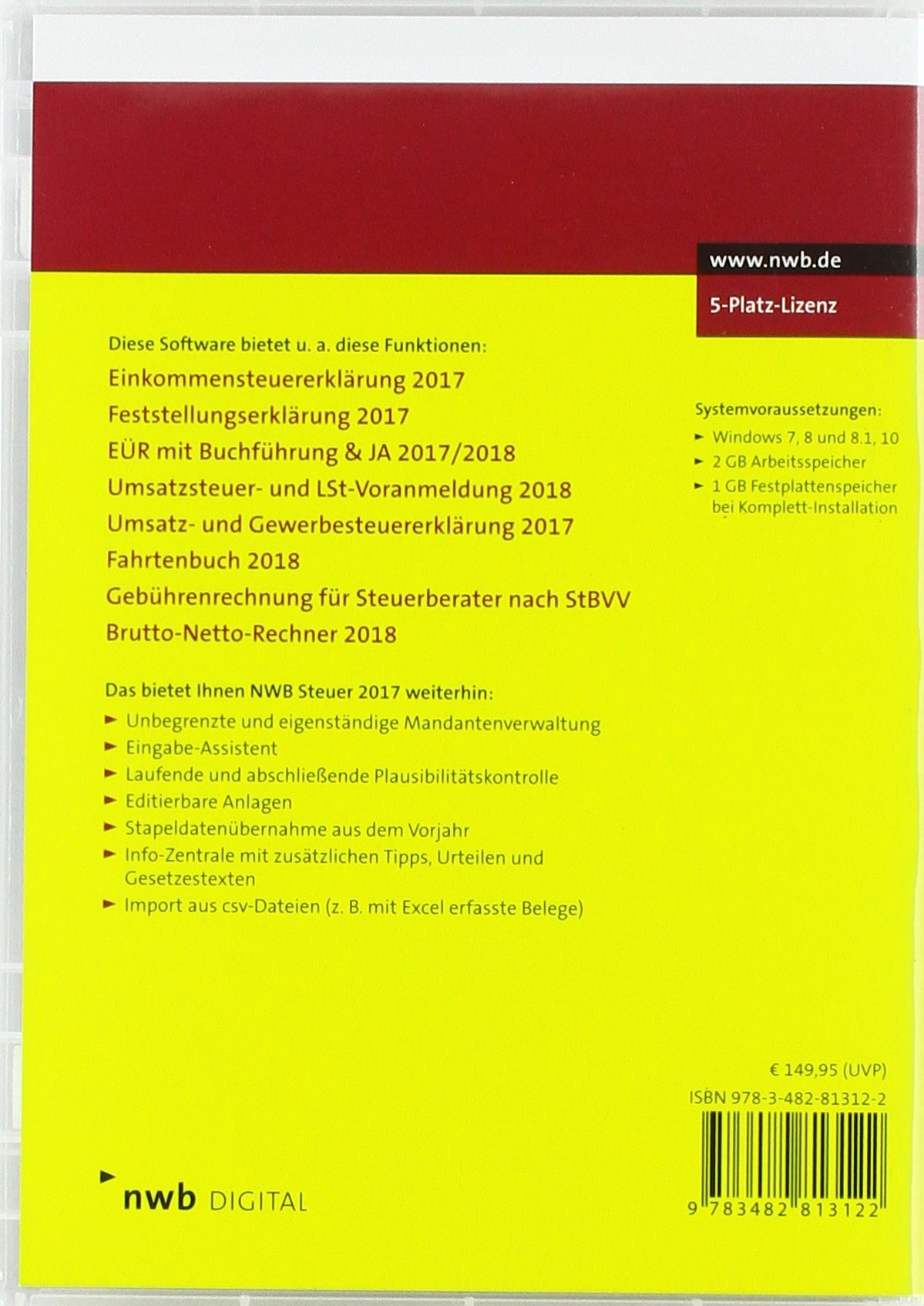 NWB Steuer 2017 - 5-Platz-Lizenz: Steuererklärungs- und Berechnungsprogramm für den Veranlagungszeitraum 2017