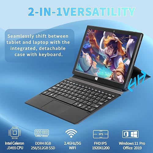 Miniatura 2 de Win11 ProOffice 2019 portátil 10.1 pulgadas 2 en 1, 2K (1920 x 1200) FHD IPS Tablet Notebook con teclado extraíble, Celeron J3455 Quad Core CPU