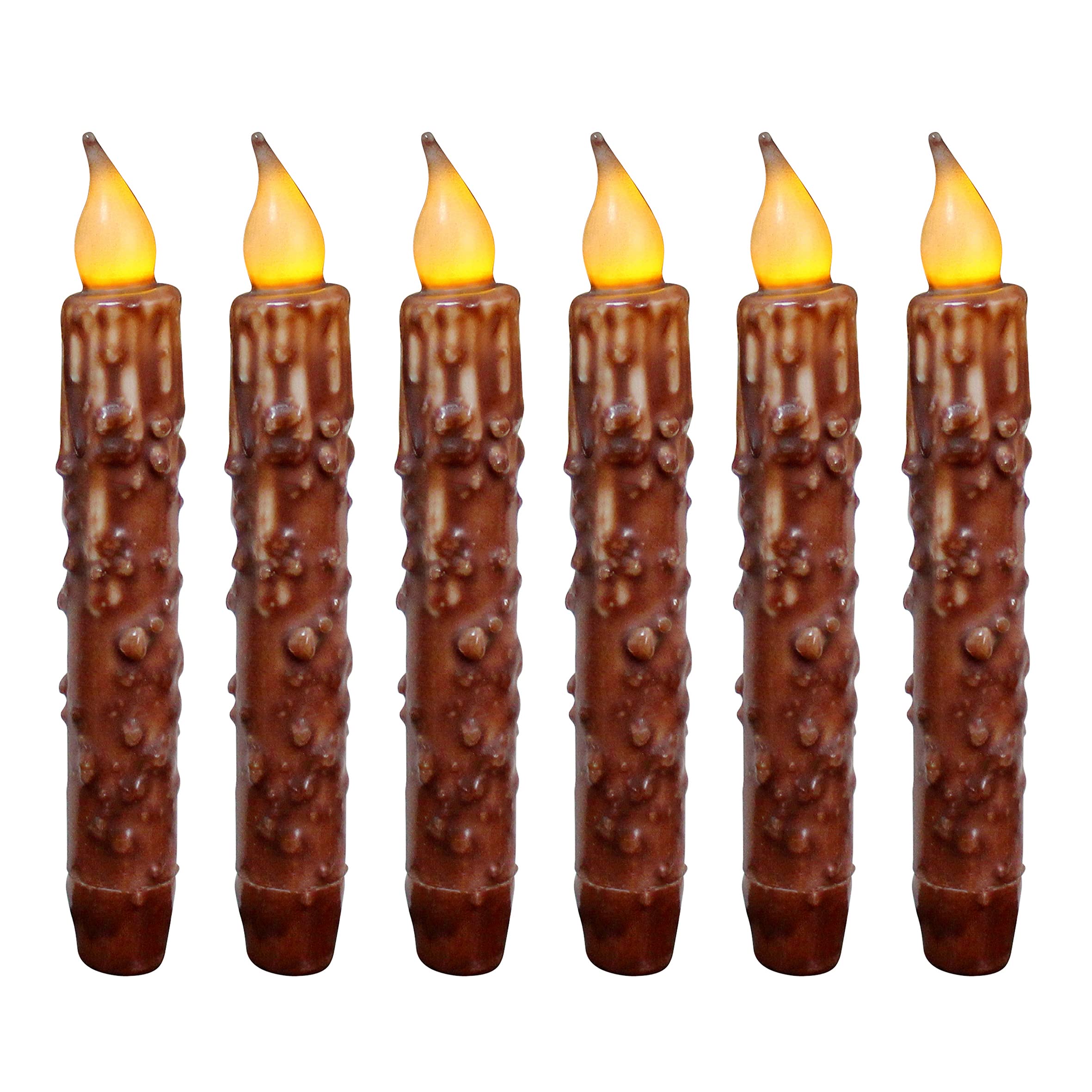 CVHOMEDECO. Real Wax Hand Dipped Battery Operated LED Timer Taper Candles Rustic Primitive Flameless Lights Décor, 6.75 Inch, Coffee, 6 PCS in a Package — image 1