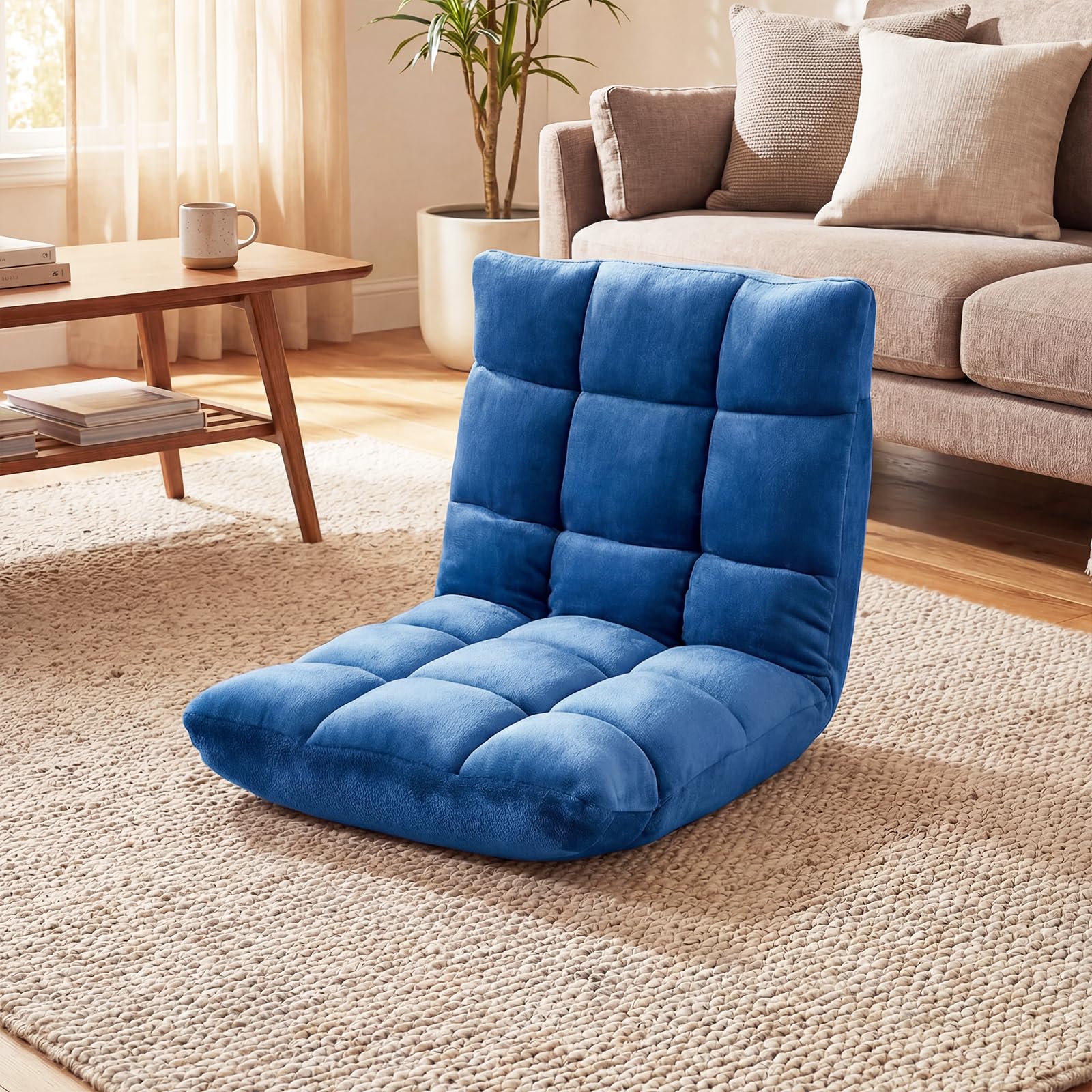 COSTWAY Canapé Paresseux Chaise de Sol, Fauteuil Convertible en Flanelle Dossier Réglable 14 Positions, Chaise de Méditation/Jeux Vidéo, pour Coin Lecture, Salon, Enfant/Adulte, Bleu