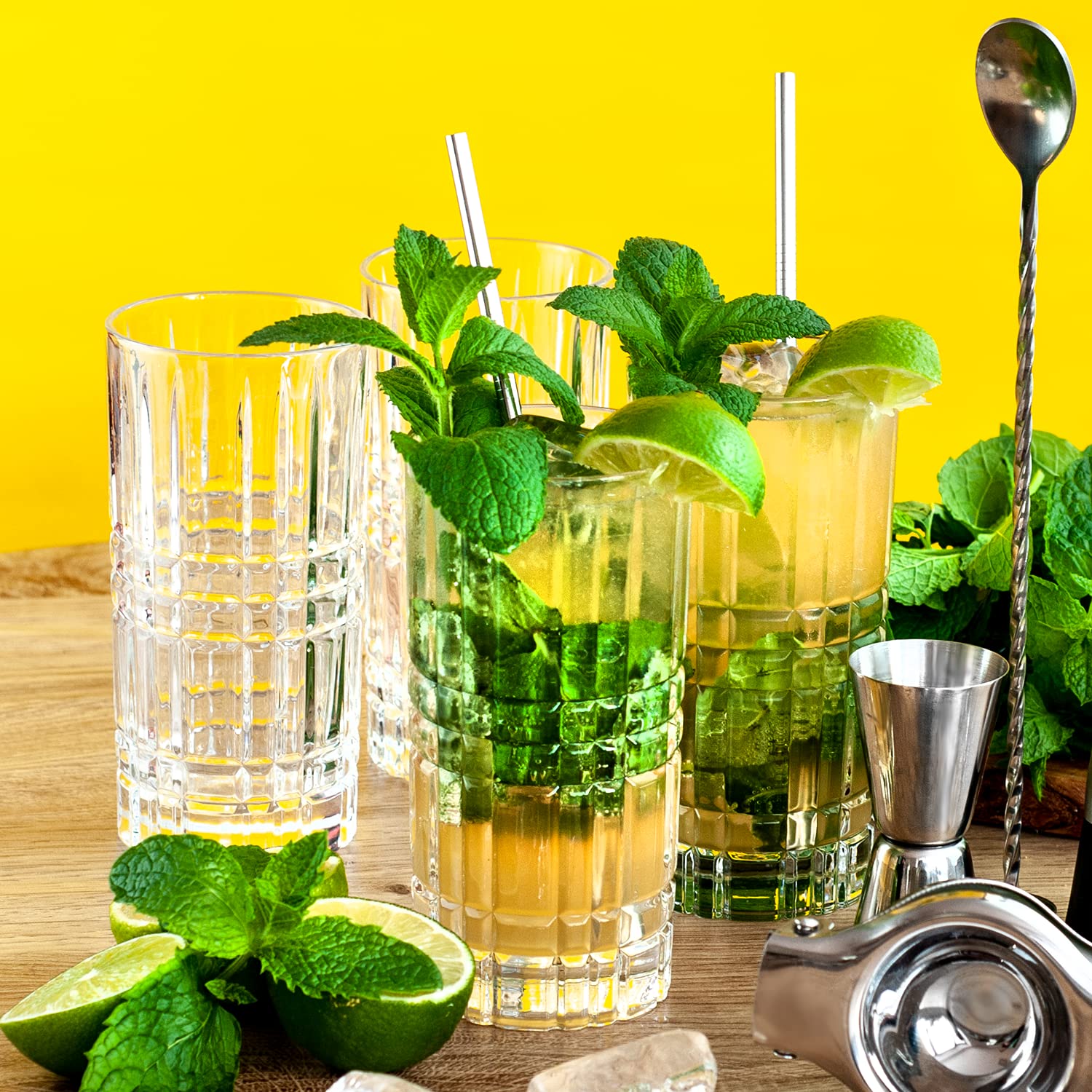 Mojito Gläser Set Cocktail Geschenkset, Geschenk Cocktails Glas 4er Sets Zubehör Zitronenpresse, 4 Strohhalme Edelstahl Messbecher Löffel Geschenkbox, Geschenke für Frauen Männer