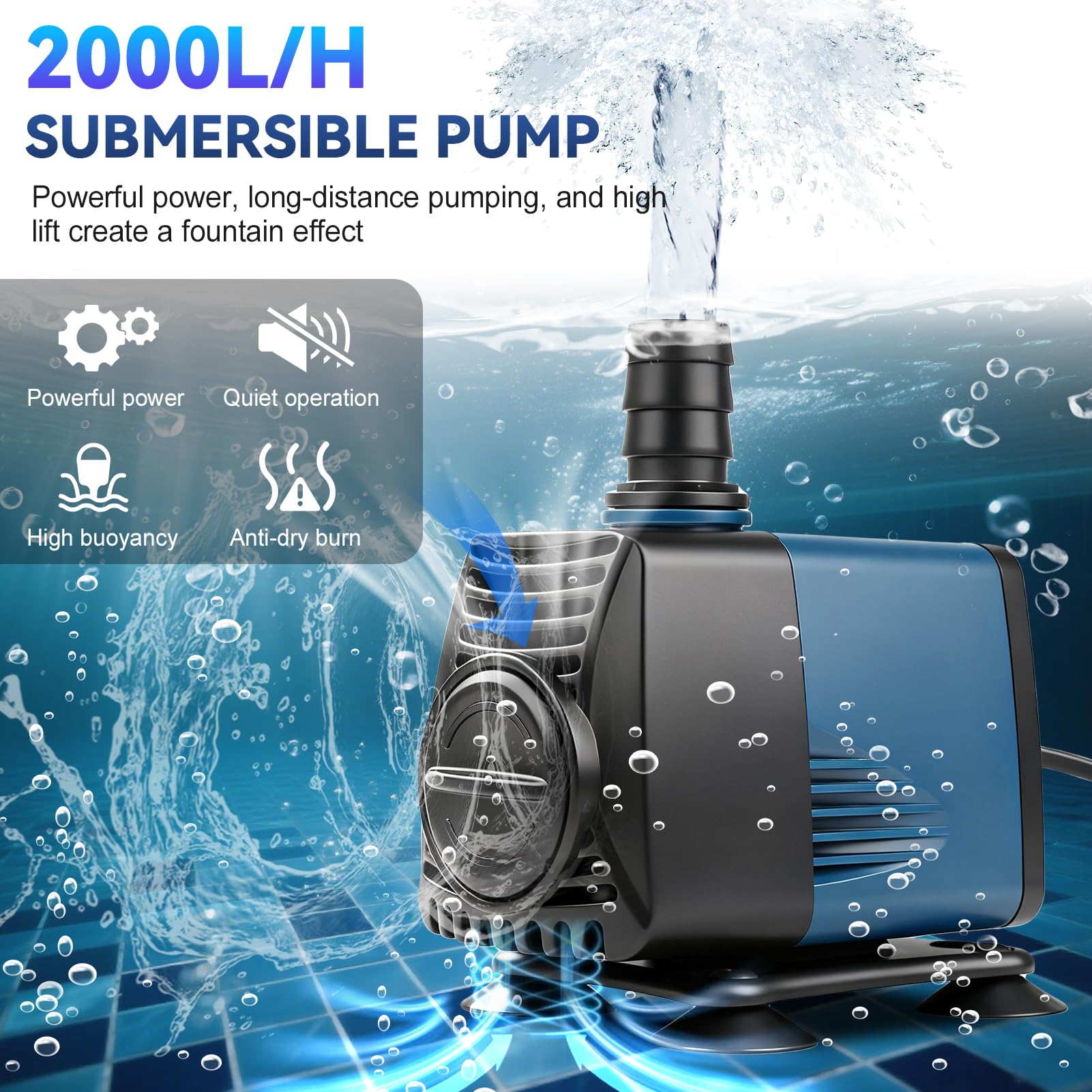 Nikou Kompaktowa i cicha pompa zatapialna 25 W 2000 l/h - Pompa do zbiornika wodnego - Pompa do filtrowania - Pompa strumieniowa do użytku zarówno w wodzie jak i na lądzie