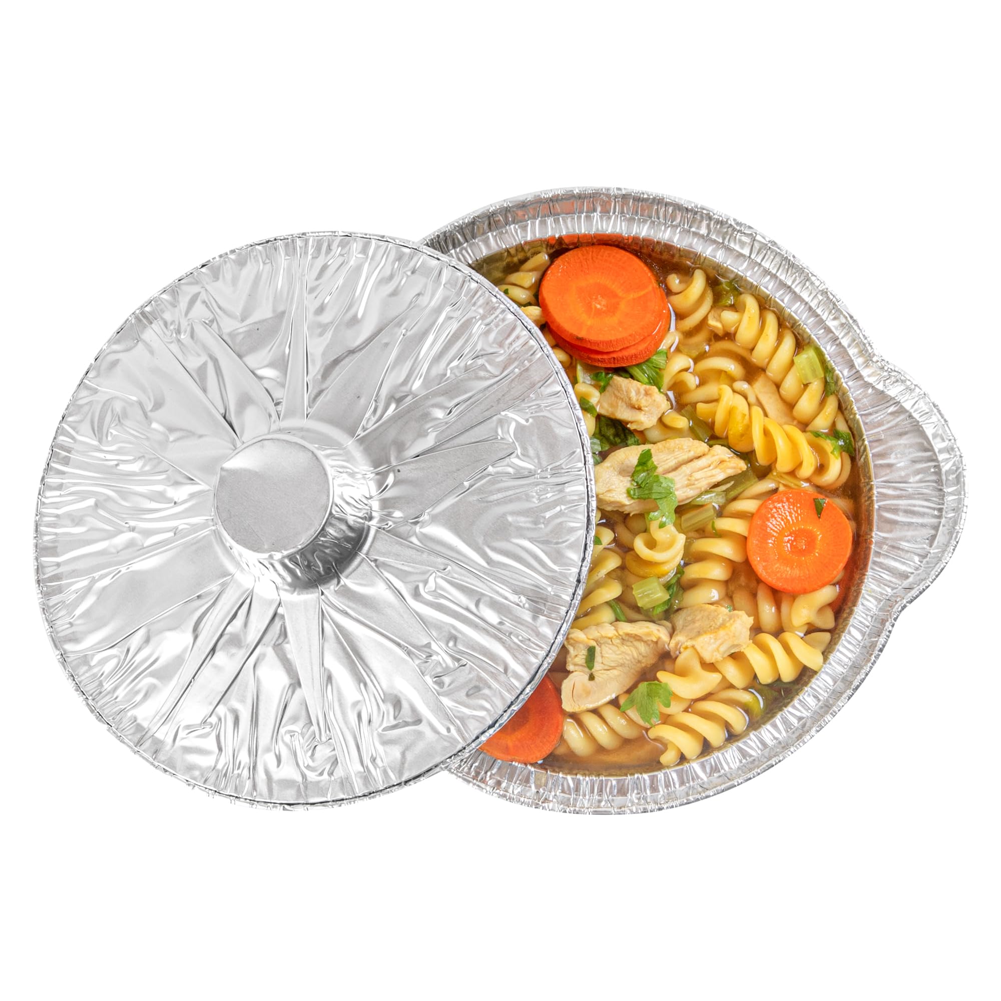 Restaurantware Foil Lux - Sartenes y tapas de 34 onzas, 10 ollas desechables con tapas, listas para horno, compatibles con estufas, bandejas de aluminio para hornear, congelables, para acampar al aire