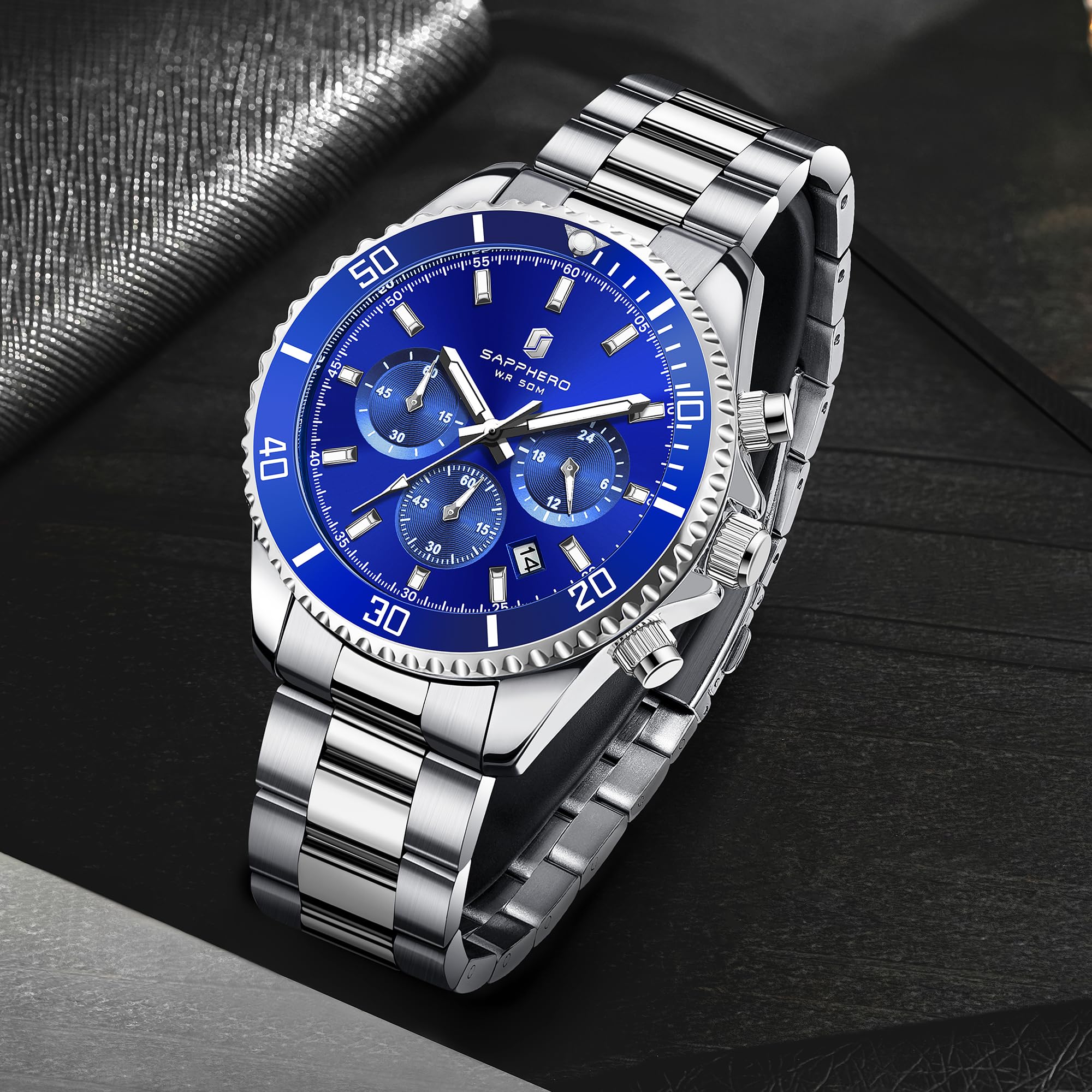 SAPPHERO Reloj Hombre Cronografo Analógico Movimiento de Cuarzo 50M Impermeable Relojes para Hombre Banda de Acero Inoxidable Clásico Casual Diseñador Relojes Elegante Regalo para Hombre