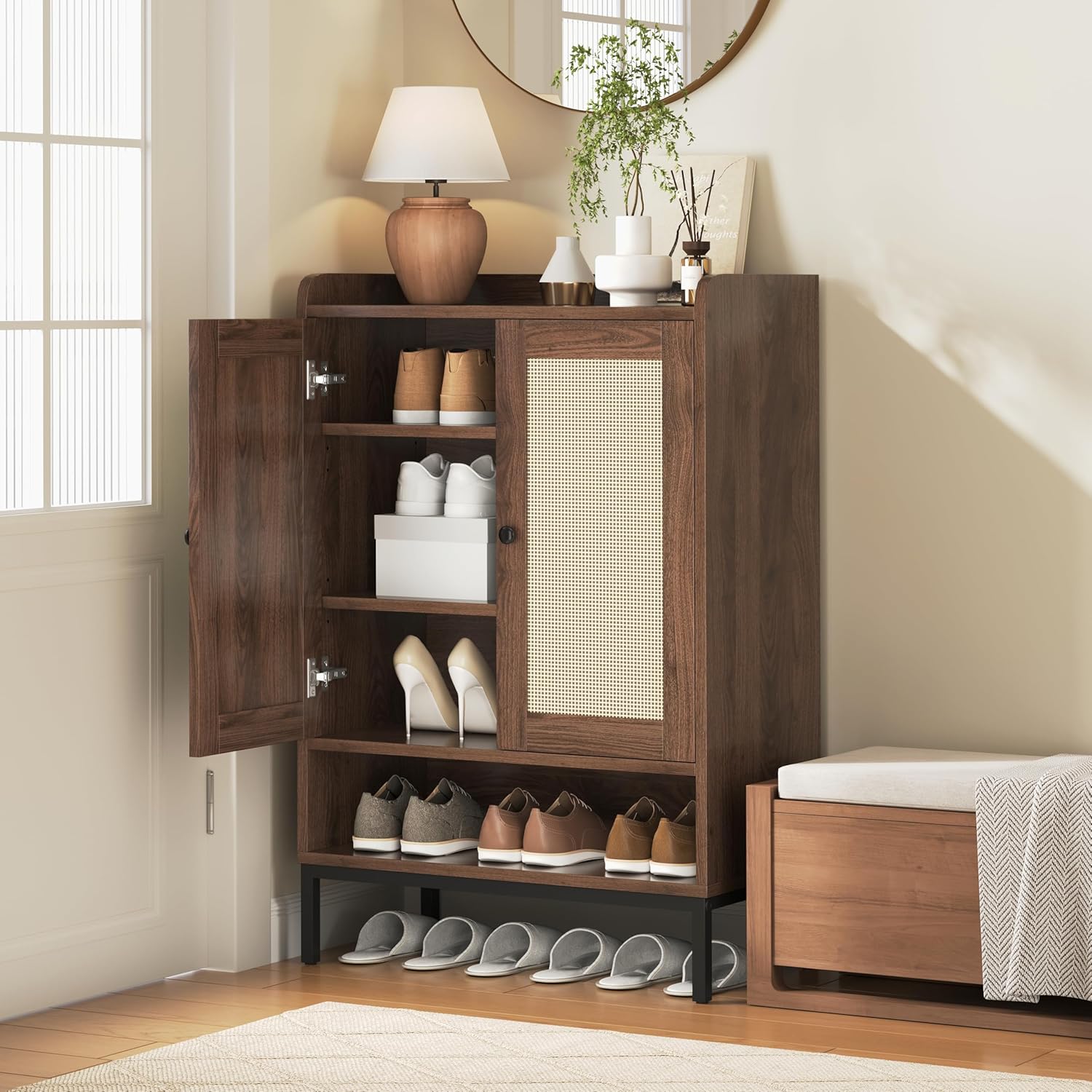 JASIWAY Rattan Shoe Cabinet Storage for Entryway, Shoe Cabinet with Adjustable Shelves for Entryway, 5-Tier, 20 Pair Shoe Rack Storage for Hallway, Closet, Living Room, Brown