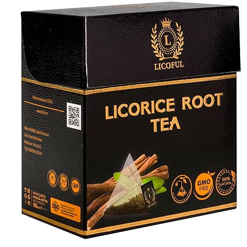 LICOFUL Té de raíz de regaliz Sin cafeína natural, sin OMG, sin azúcar, 20 bolsas de té piramidales Té de raíz de regaliz puro hecho de raíz de