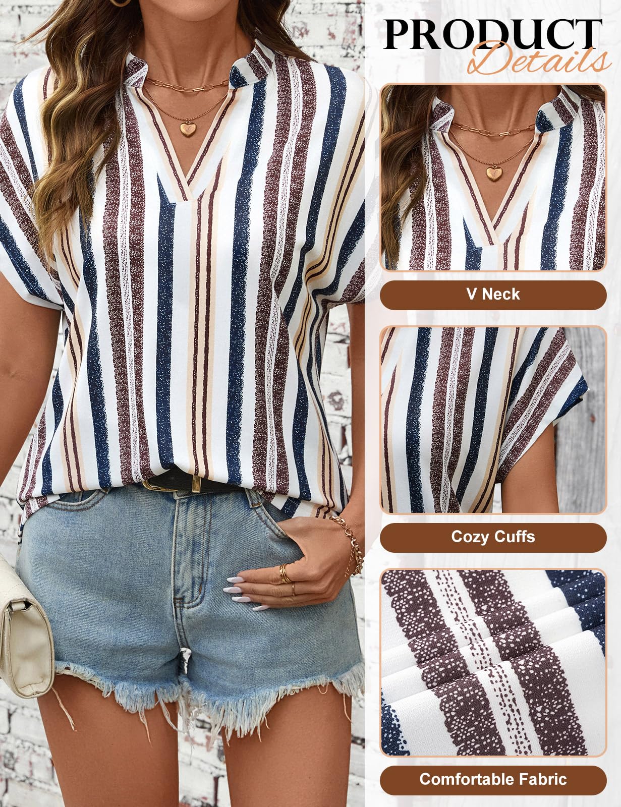 HEEKPEK Chemisier Femme Été Blouse Chic et Élégant Chemise Col V Rayée à Manche Courte Décontracté Ample Haut D'été T-Shirts Tunique Tops