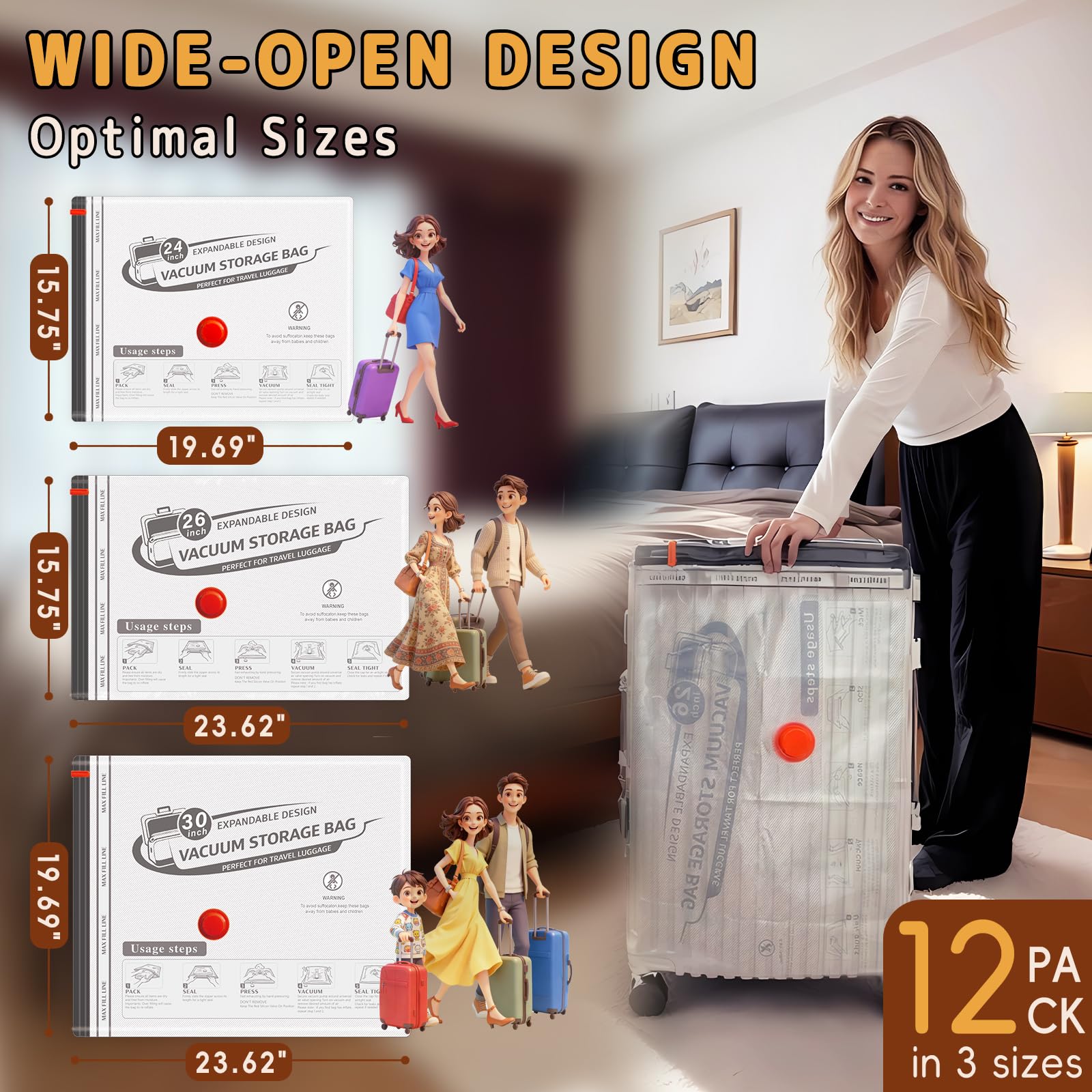 Lot de 12 sacs de rangement sous vide de voyage avec pompe à air rechargeable, sacs de compression pour bagages et valises, économiseur d'espace pour vêtements et organisation de voyage