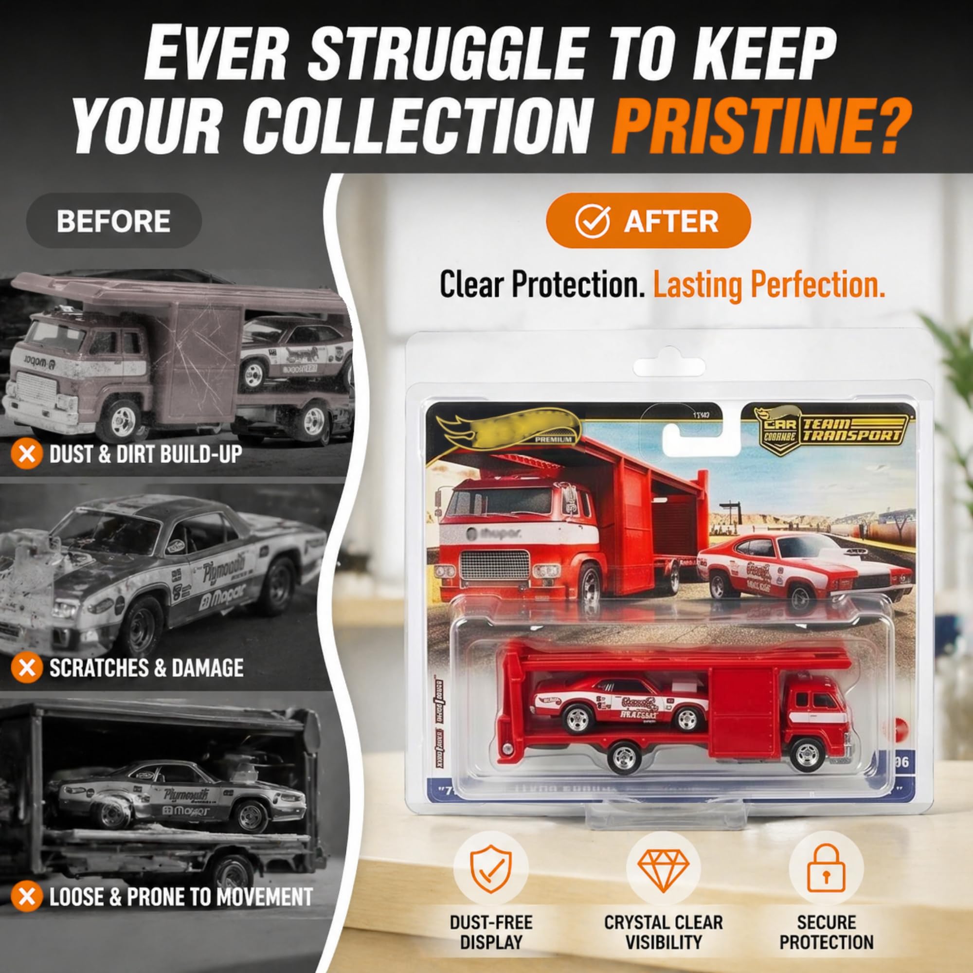 Confezione da 15 custodie protettive compatibili con Hot Wheels Team Transport, custodia in plastica PET trasparente, spessore 0,7 mm, scatola portaoggetti e chiusura a scatto