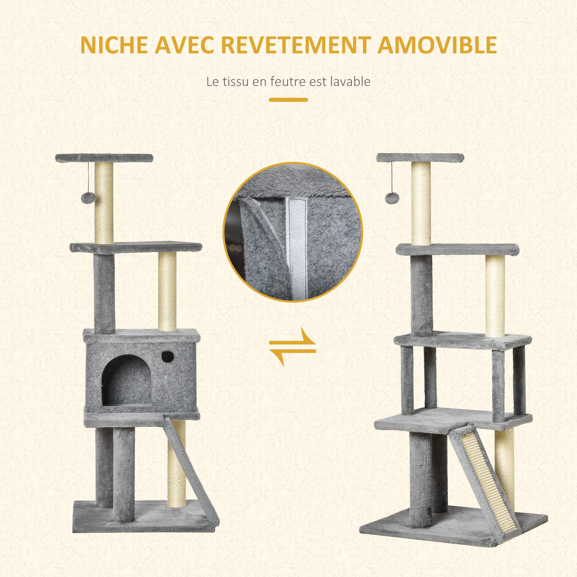 PawHut Arbre à Chat Griffoir Grattoir Tour de Jeu avec Niche 125 cm Gris | Plate-Formes, Balle Suspendue
