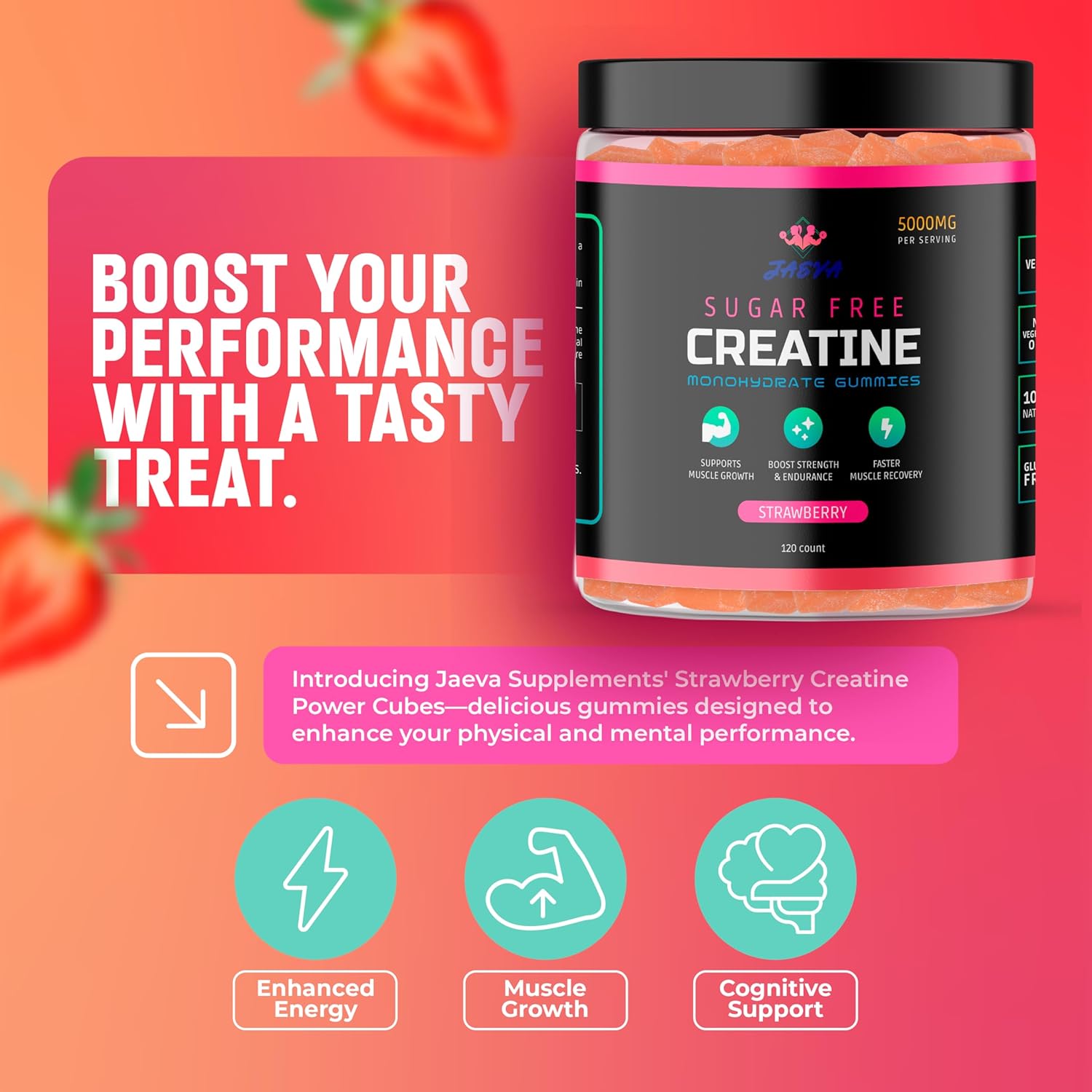 Jaeva Sugar Free Creatine Monohydrate Gummies 5g, 5000mg for Men & Women, Strawberry - 120 Count, Pre Workout for Energy Boost, for Building Muscle and Strength, Vegan, Non-GMO, 3rd Party lab Tested