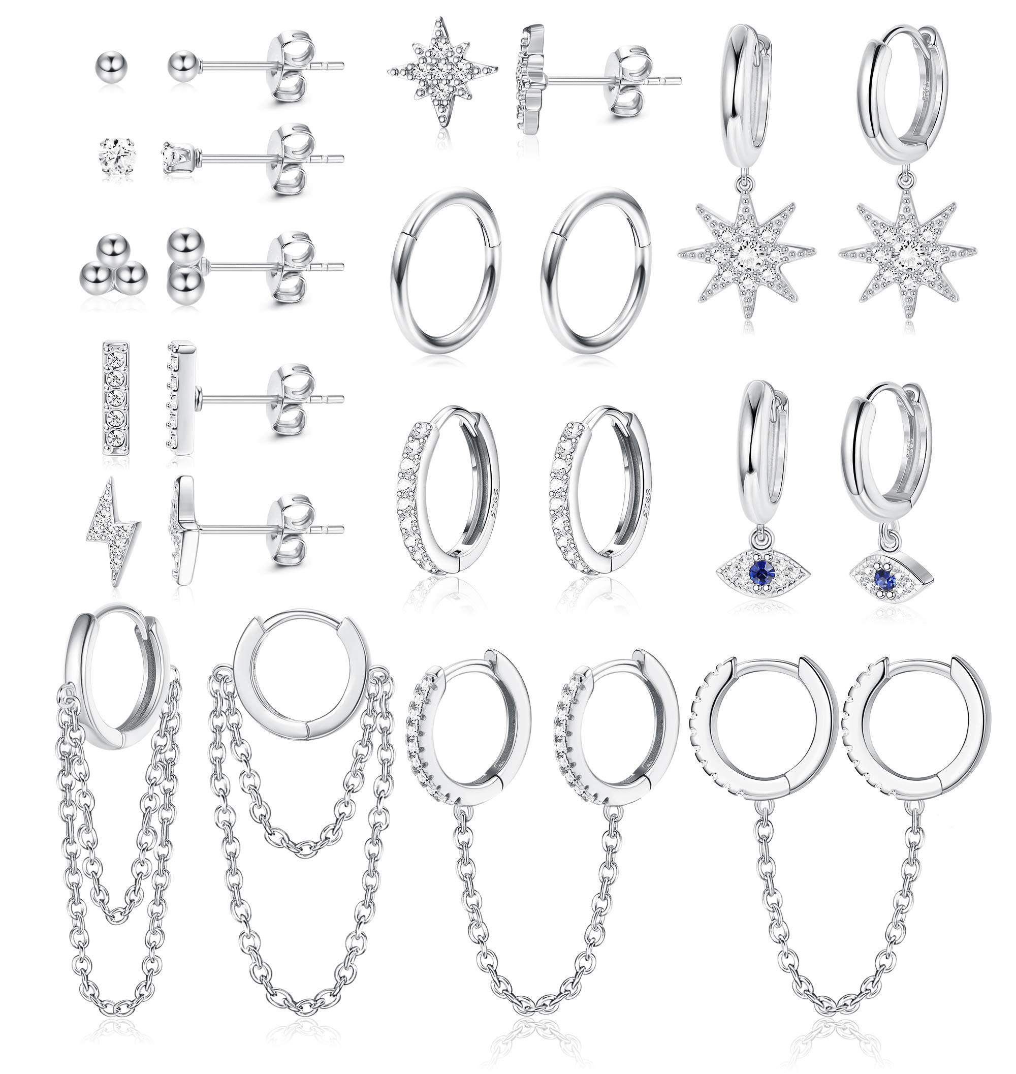 IRONBOX12Pairs 14K Gold Plated Huggie Hoop Studs Earrings Set for Women Small Dainty Minimalist Chain Earrings Cartilage CZ Ball Earrings Sets for Multiple Piercing