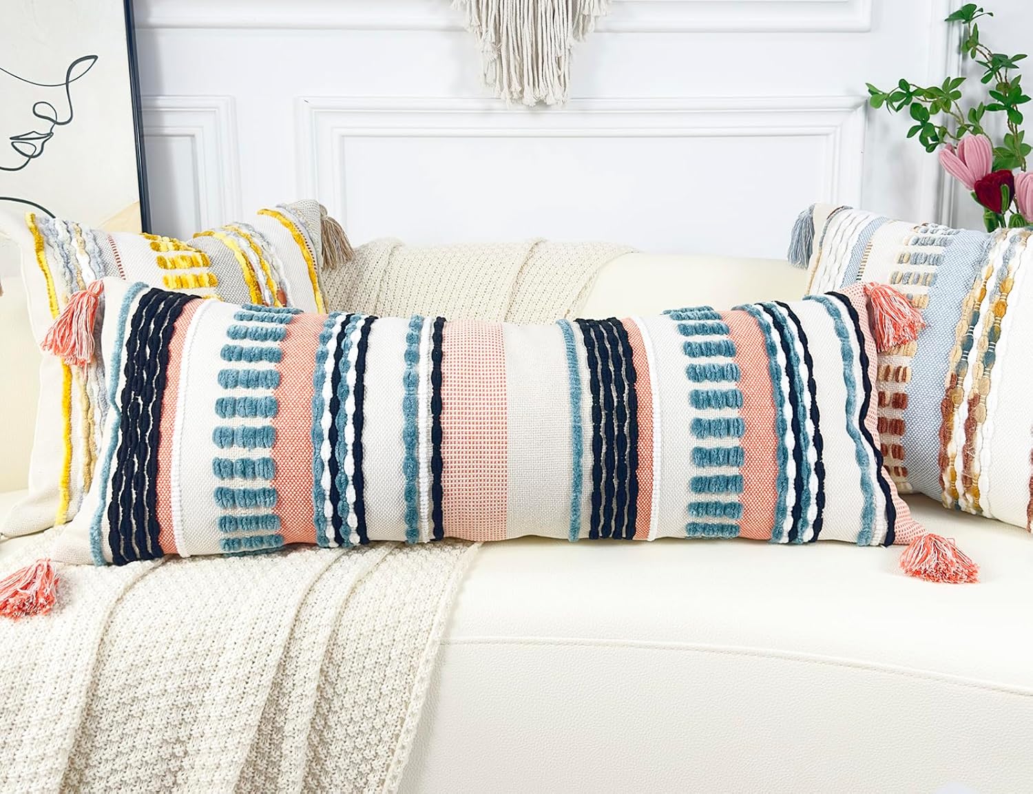 Chenille and Cotton Long Pillow for Bed,Striped Textured Boho Long Lumbar Throw Pillow Cover 14x36,Neutral Accent Decorative Extra Long Body Pillow Case for Couch Sofa Bedroom,Turquoise - Image 6