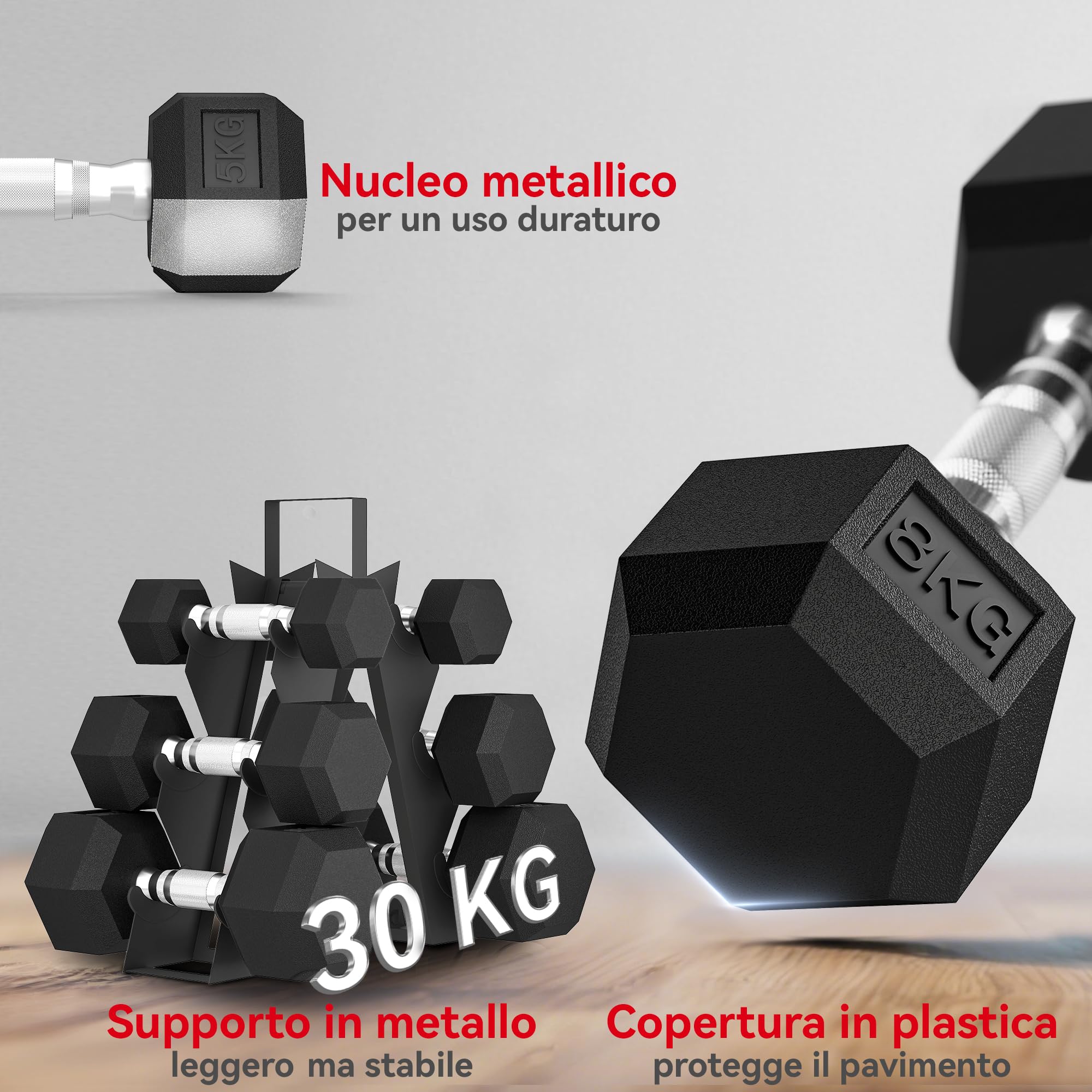 SPORTNOW Set di Manubri Palestra con Supporto, Peso Totale 30kg/36kg, Pesi Palestra Esagonali in Metallo con Impugnatura Antiscivolo, Allenamento Forza Fitness Casa, Nero