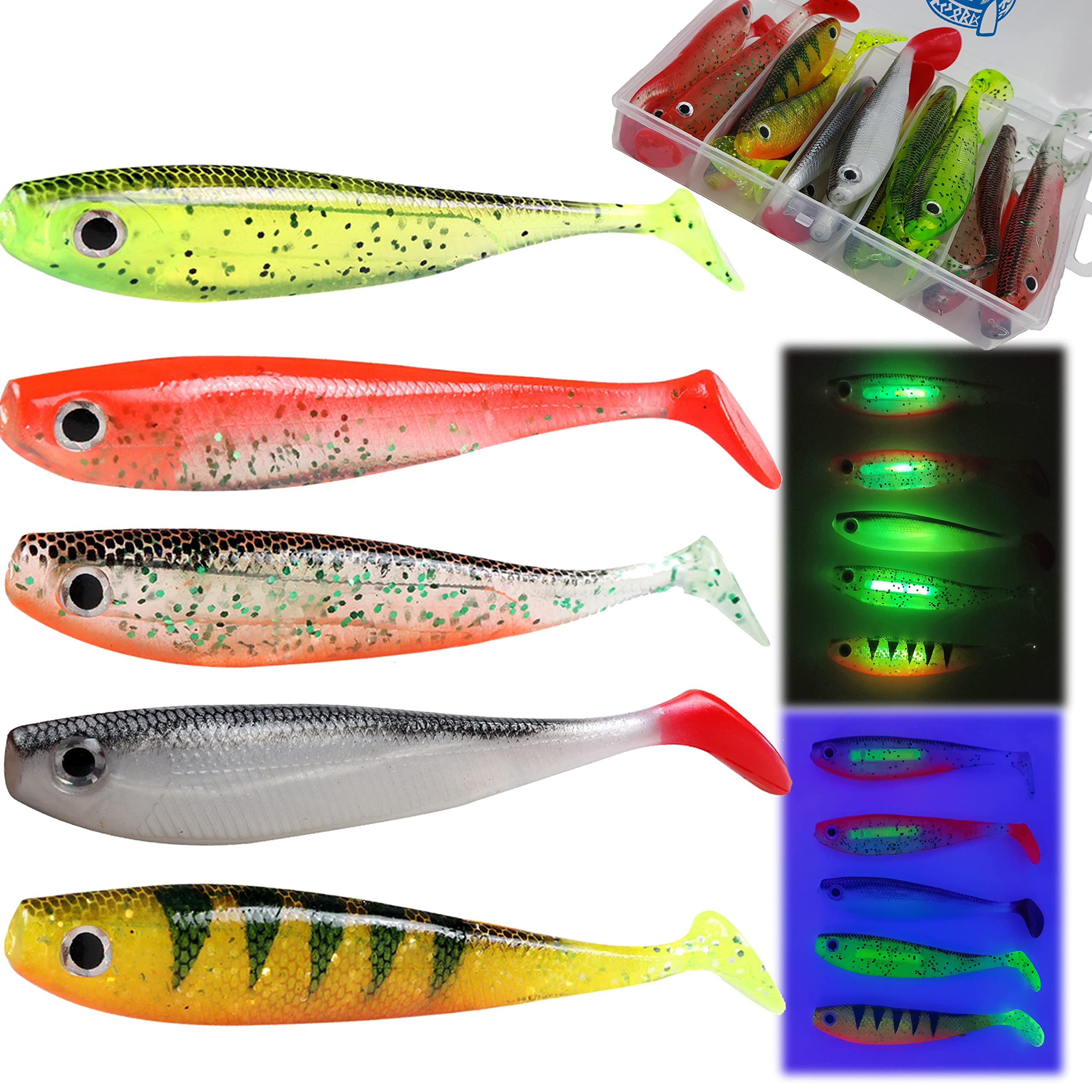 5 Pezzi Pesce Di Gomma Twister 11 Cm – Esca Luminosa Autoilluminante Per Luccio, Hecht E Zander (Softbait Behr)