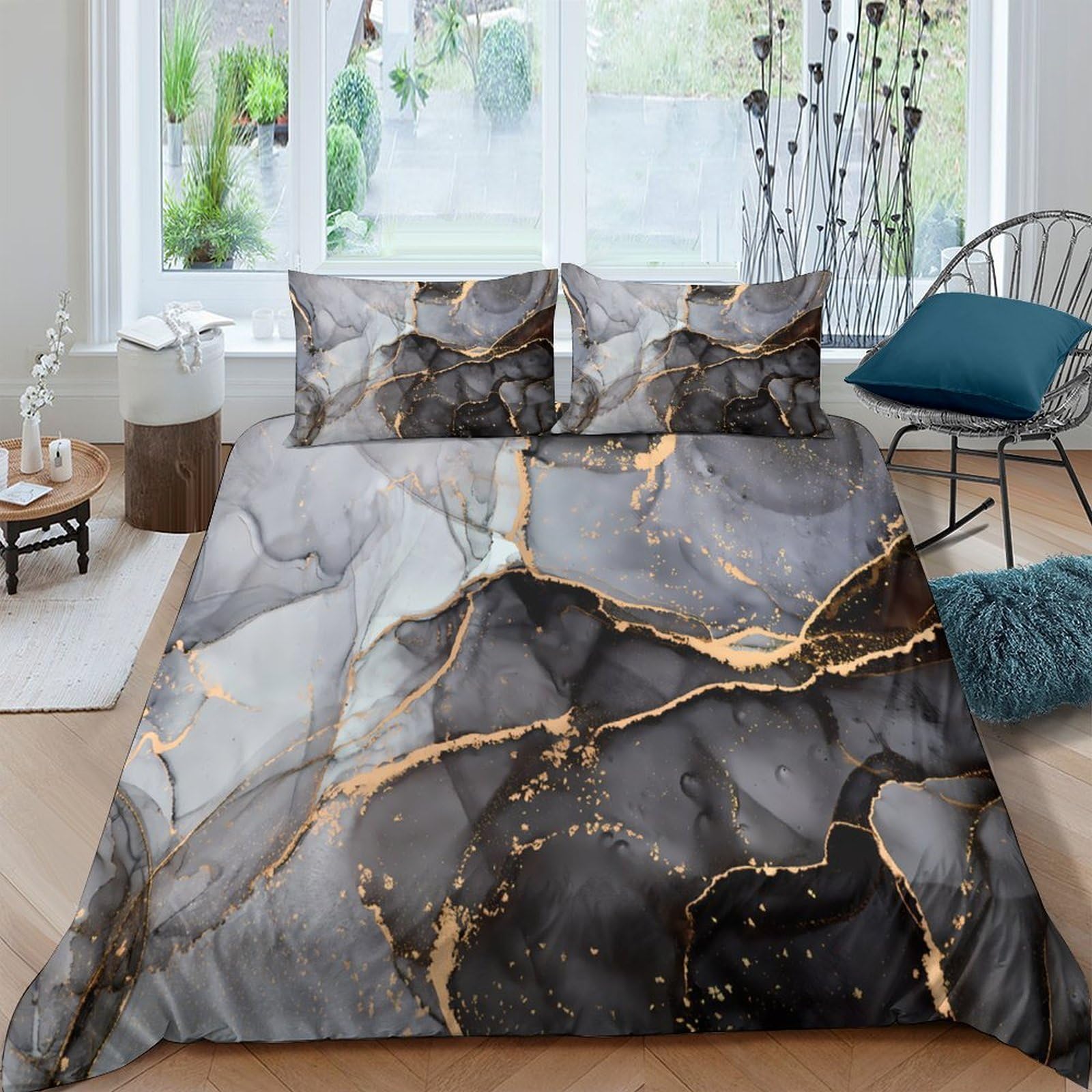 Ctjqhvkz Style-5 3D Printed Marble Texture Fitted Sheet Microfiber Soft Black Gold Vein Bed Cover For Bedroom Guest Room Decor Single（135X200cm）