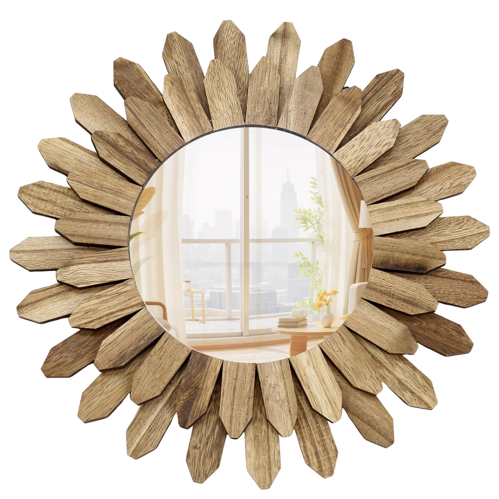 Specchio da Parete Bohemian, 30 cm di Diametro, Design Sunburst Rustico in Marrone, Specchio Decorativo con Effetto Legno per Soggiorno, Camera da Letto, Corridoio, Decorazione Boho e Parete