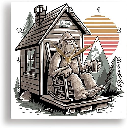 3dRose, Funny Cute Bigfoot Drinking Coffee at Vintage Mountain Cabin Abstract, 10x10 Wall Clock