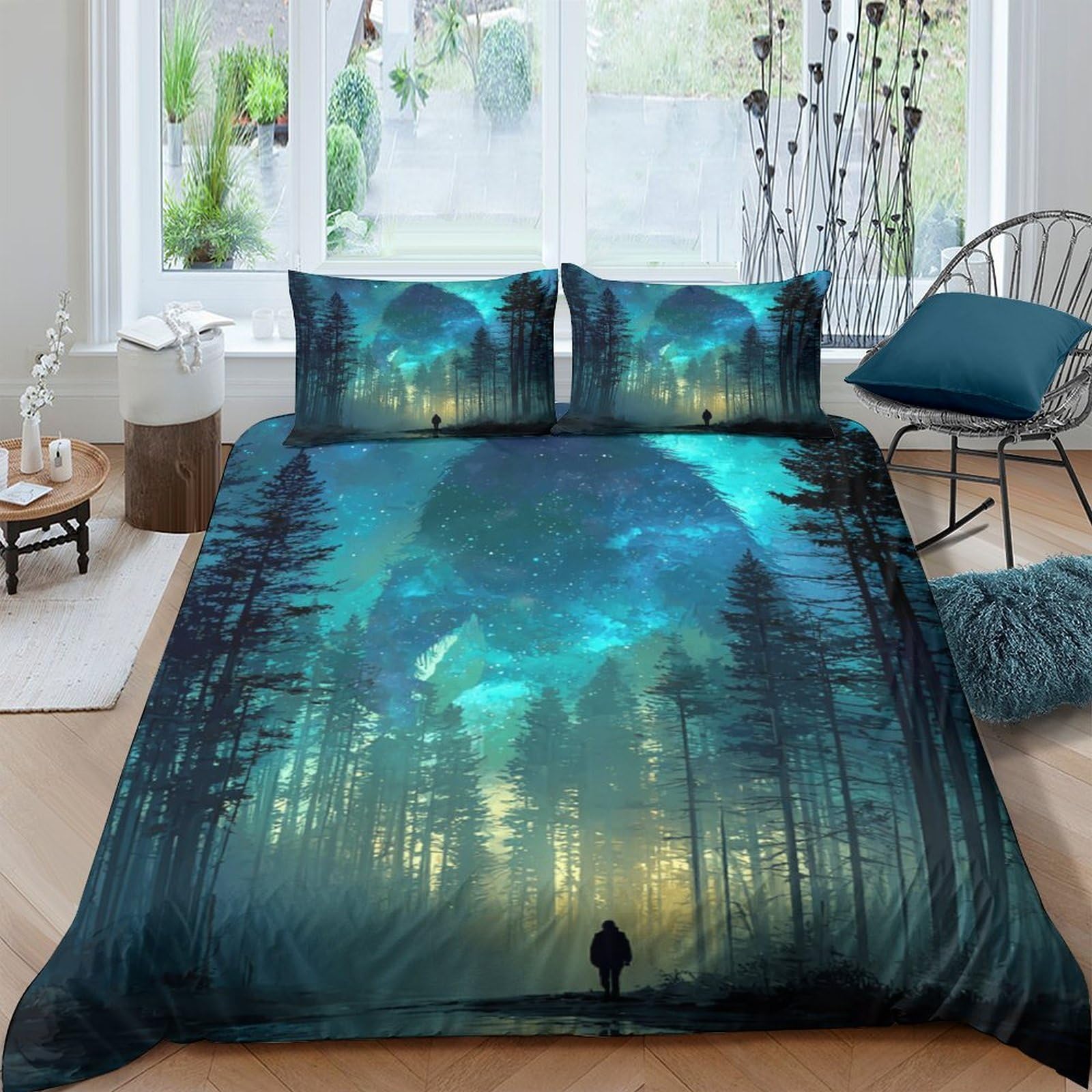 Ctjqhvkz Style-1 3D Printed Northern Lights Forest Fitted Sheet Microfiber Soft Bed Cover Mountain Sky Mattress Protector Single（135X200cm）