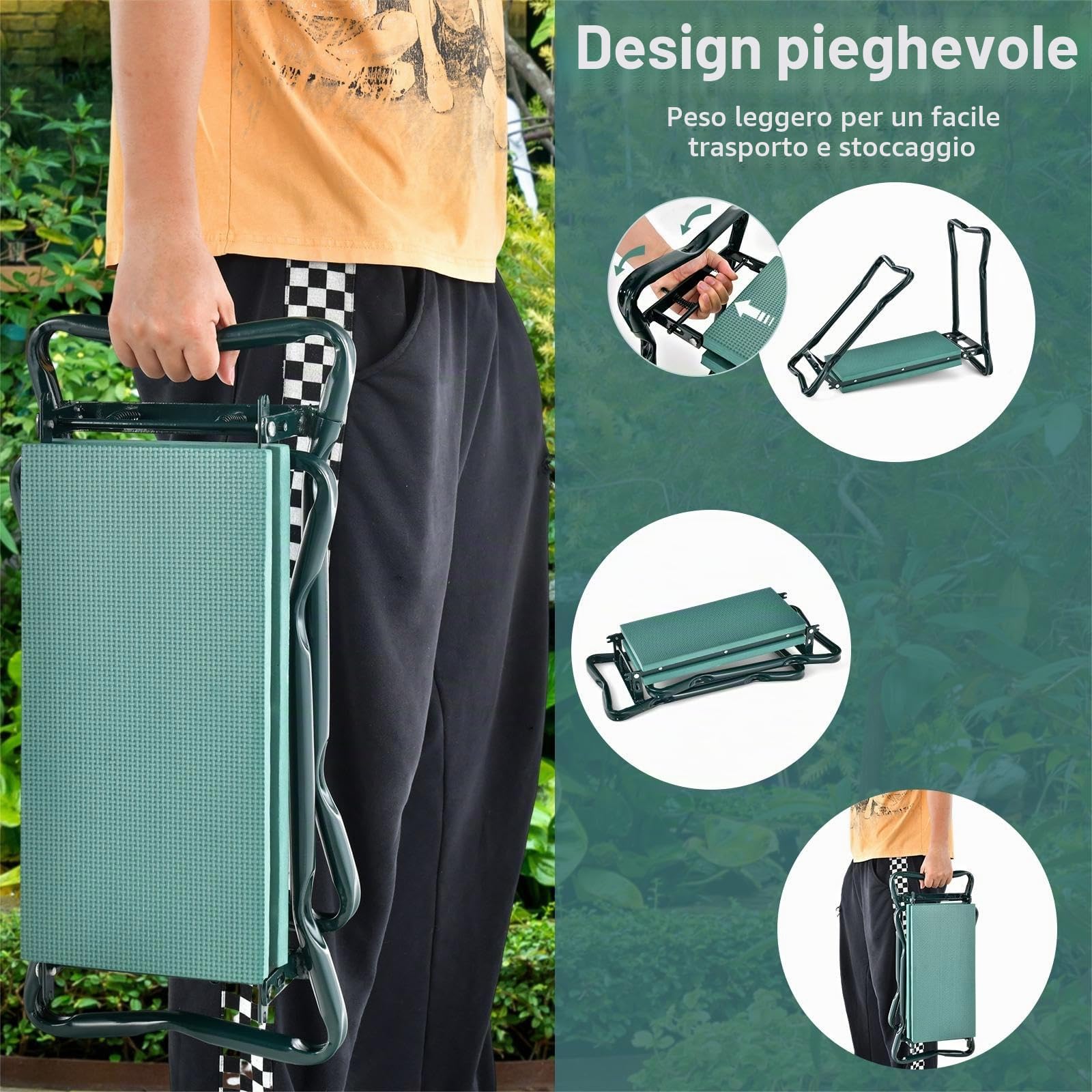 SOARS Inginocchiatoio da Giardino 2 in 1 Pieghevole (con 2 Borse) | Sgabello da Giardinaggio con Borsa a Tasche per Attrezzi, Sedile con Cuscino EVA Morbido per Ginocchiarsi, Max. 150kg