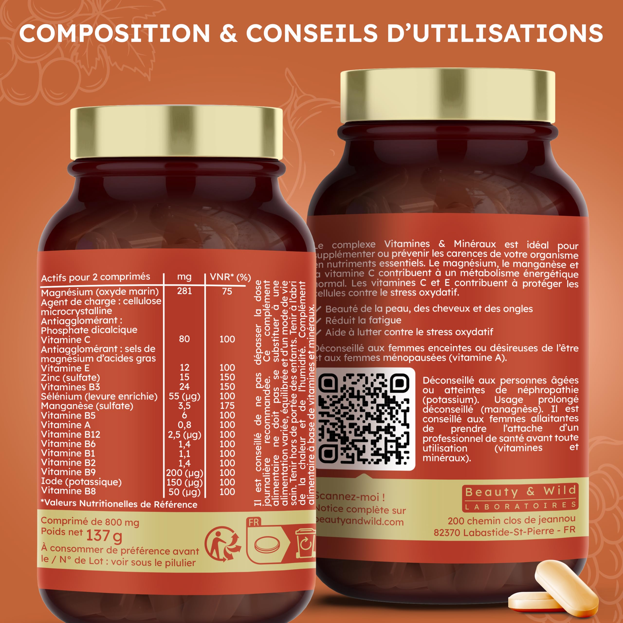Multivitamines et Minéraux | Zinc, Magnésium, Sélénium, Vitamine C, A, E | Anti-fatigue, Énergie, Vitalité | Cheveux et ongles | Made in France | 180 comprimés | Beauty & WILD