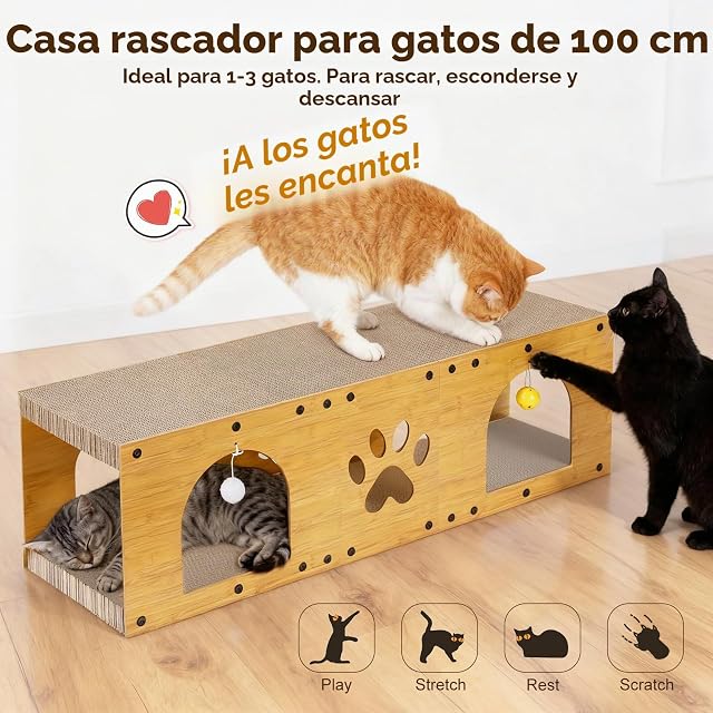 Foto 2 de 8 de Gimars Rascador para Gatos 100x30x30 cm, Casa de Cartón con Bola de Juguete
