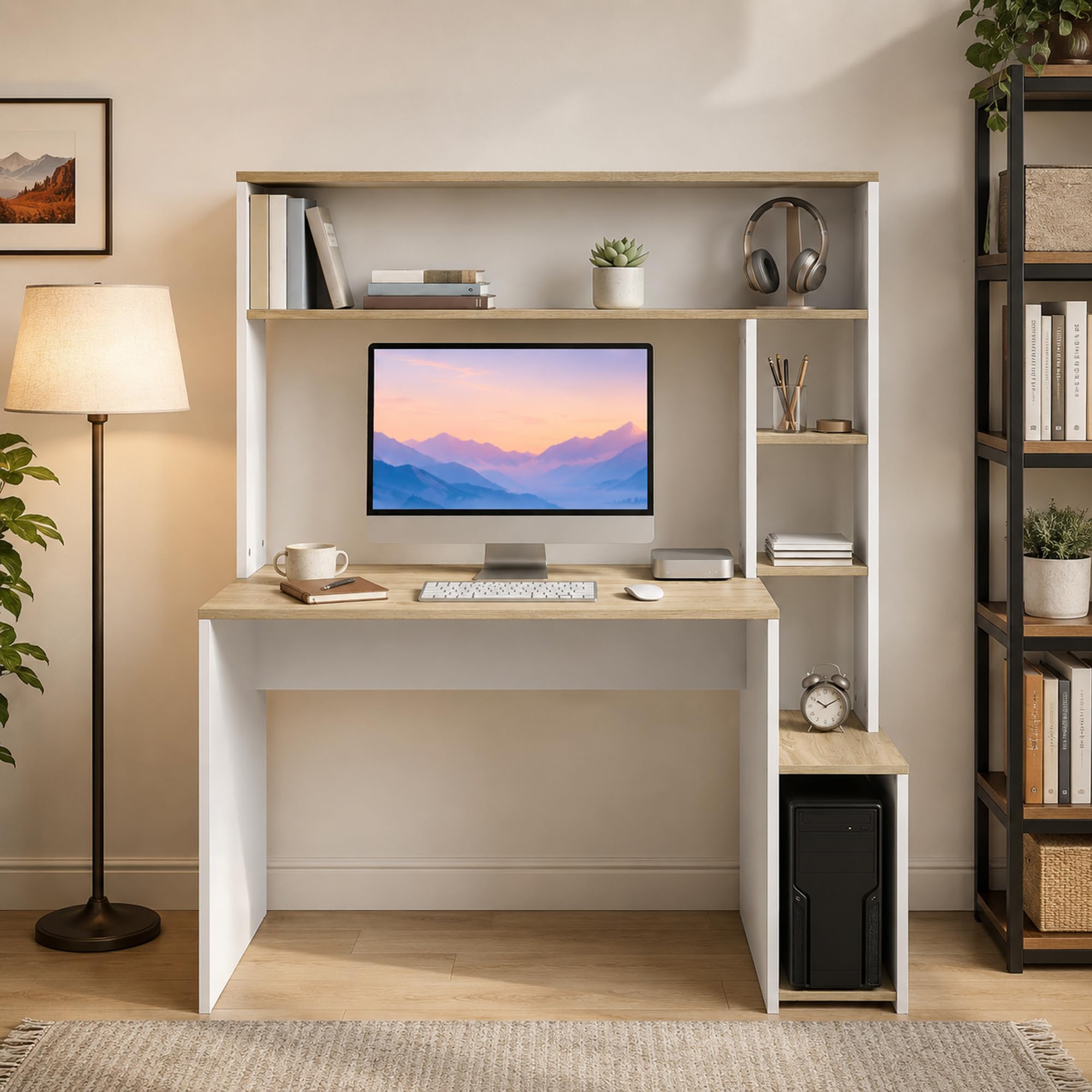 HOMCOM Bureau avec Rangement 114 x 45 x 138 cm Blanc et Bois Naturel