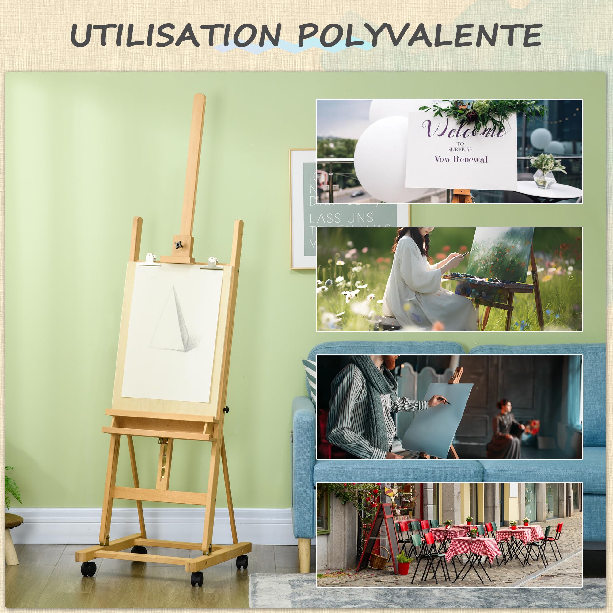 Vinsetto Chevalet d'artiste pliant sur roulettes en bois de hêtre pour toiles jusqu'à 118 cm, hauteur réglable, inclinaison réglable de 90° max. avec porte-pinceau en bois naturel
