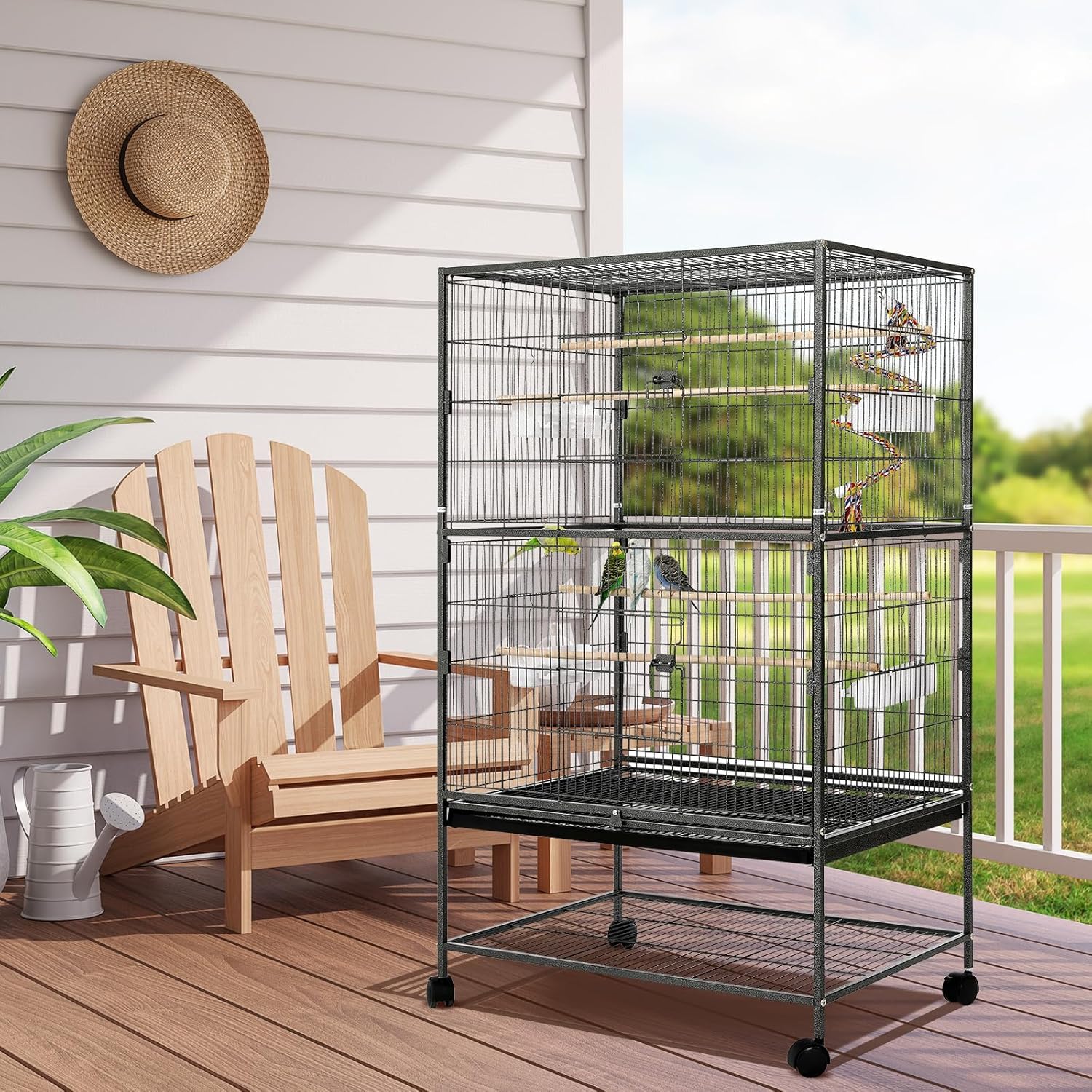LIFERUN Jaula para Pájaros, Jaula Pajaros Grande con 4PCS Ruedas, 2 Puertas, 4 Comederos, 4 Perchas, Rejilla Extensible, para Loros Canarios Periquitos, Metal Jaula Pajaros, 132 x 78 x 52CM (Negro)