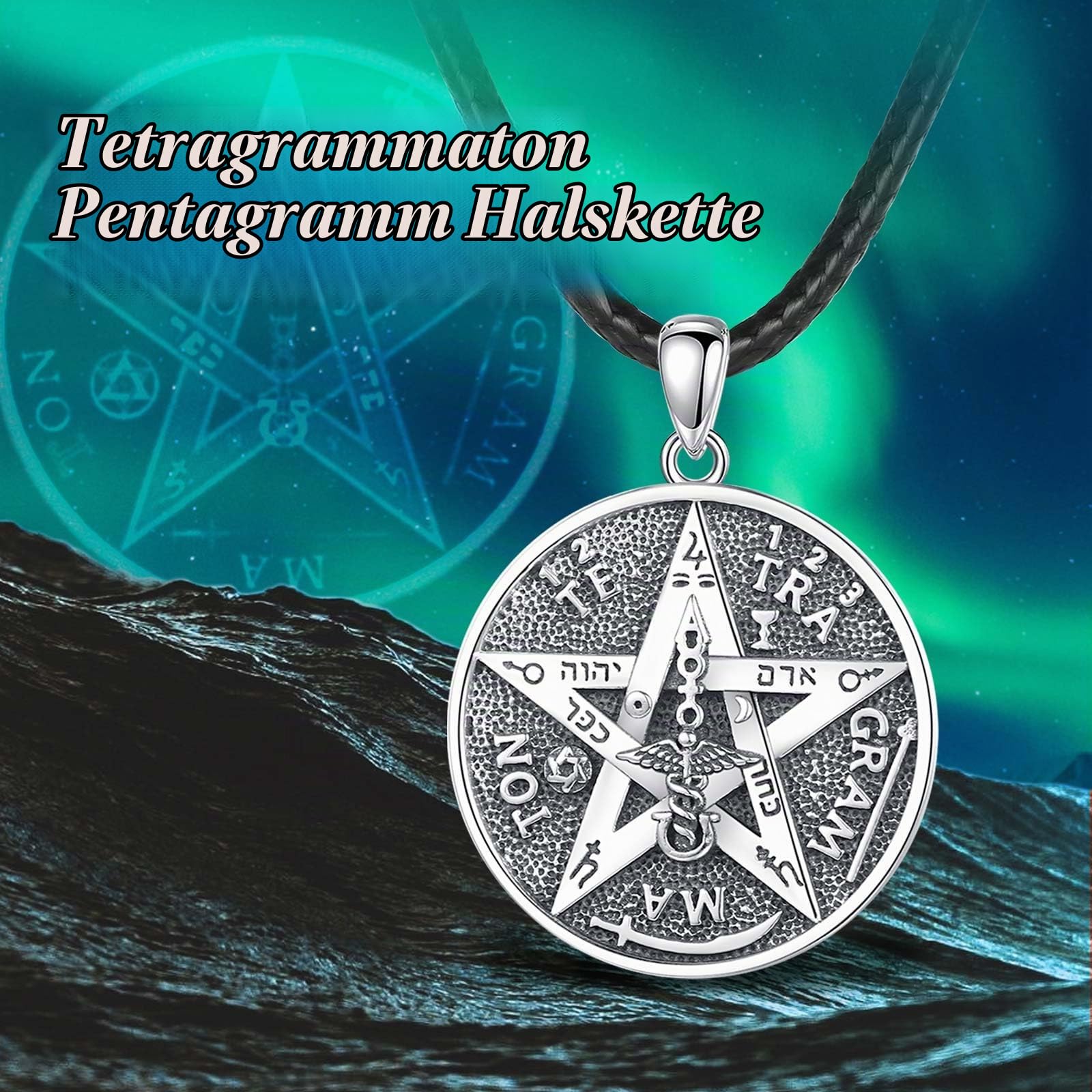 Witcher Pentagramm Kette Ring für Damen Herren Sterling Silber 925, Tetragrammaton Runen Halskette Amulett Vintage Anhänger Energie Schmuck Geschenk für Frauen Herren