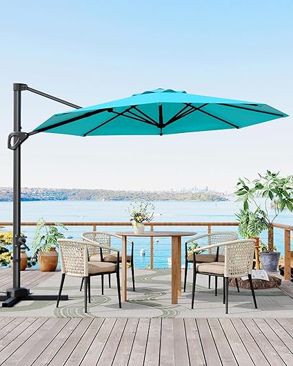10FT Cantilever Umbrella Outdoor Patio Umbrella w/Base Included Market Offset Umbrella Sun Shade Windproof with 360-Degree Rotation for Patio Garden Deck Pool, Navy Blue