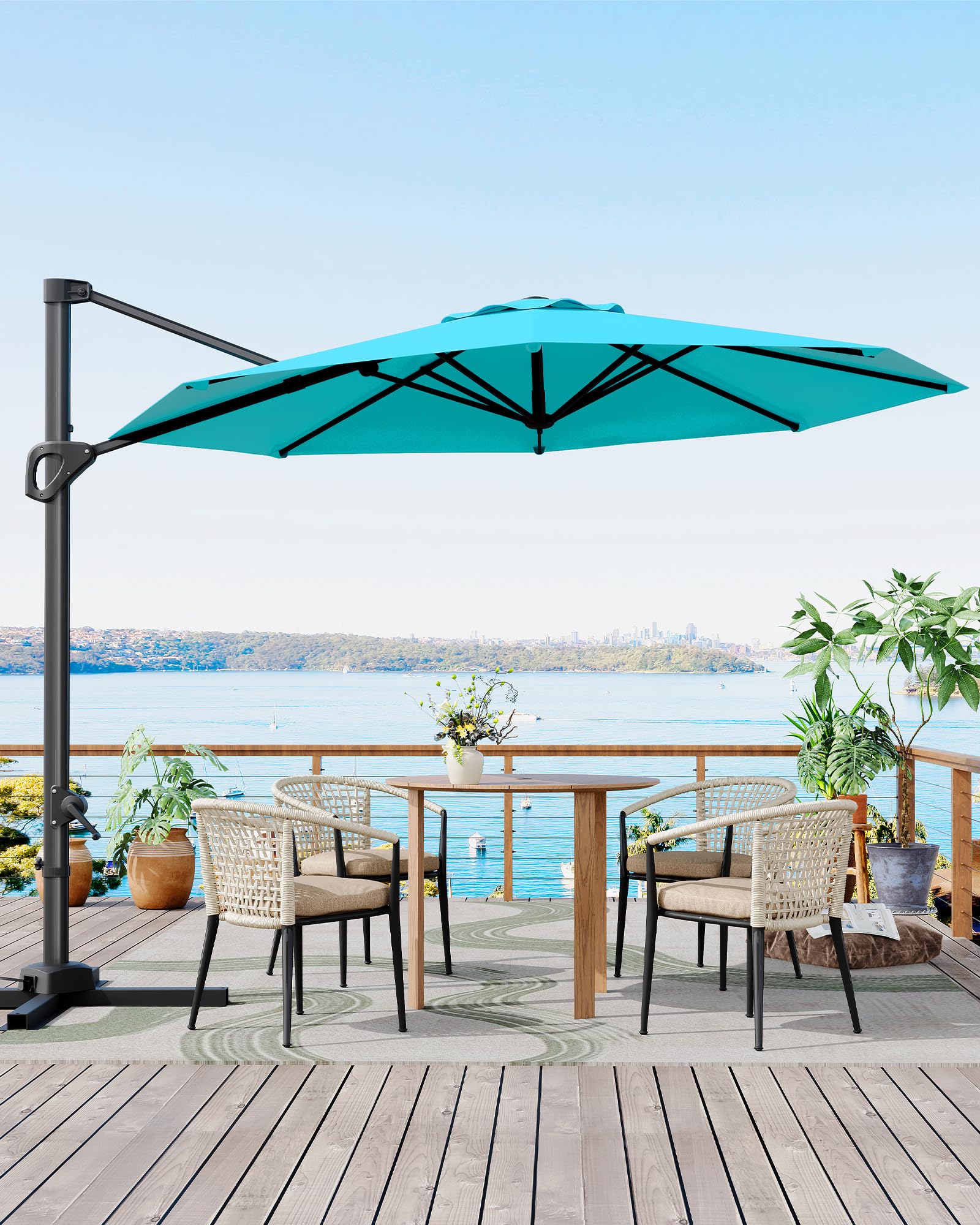 Paraguas voladizo de 10 pies para patio al aire libre con base incluida, sombrilla de mercado compensada a prueba de viento con rotación de 360 grados para patio, jardín, terraza, piscina