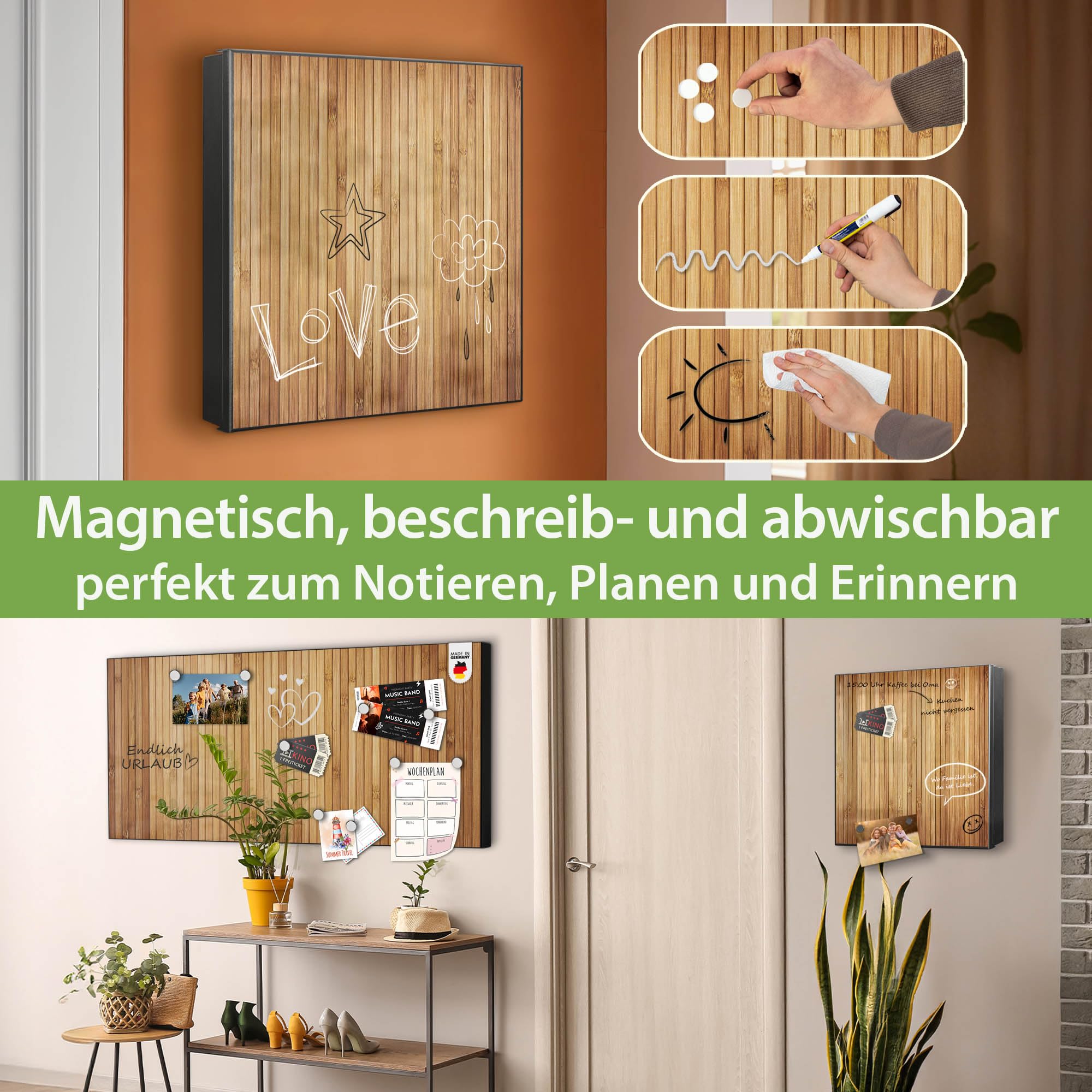 banjado Großer Schlüsselkasten Metall - Schlüsselbox 30x30cm beschreibbarer mit 32 Haken - Schlüsselkasten modern für Schlüsselaufbewahrung - Korpus Schwarz Scharnier Rechts - Motiv Bambusholz