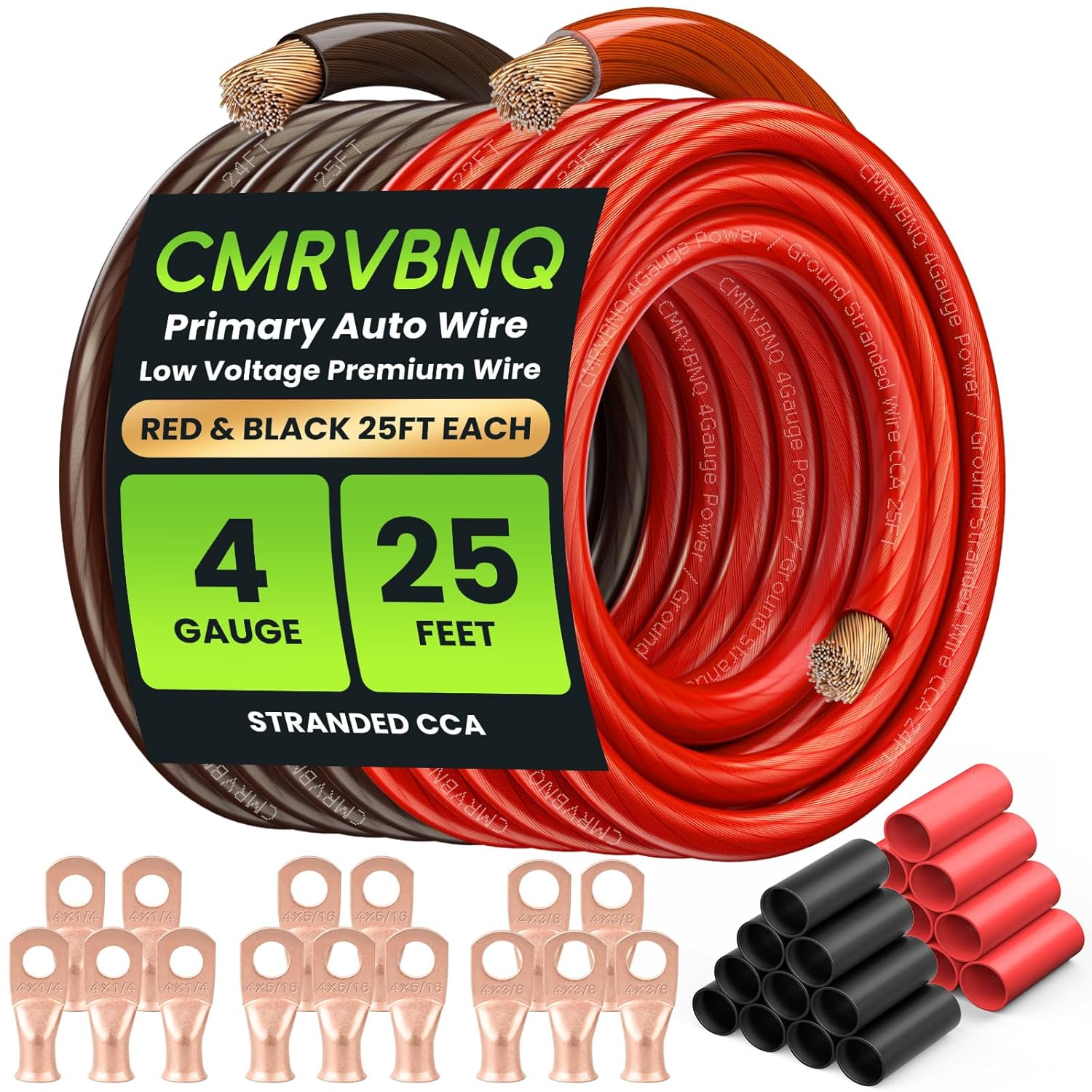 4 Gauge Battery Cable CCA Wire Kit, 25ft Each Red & Black with 15 Terminals & 20 Heat Shrink Tubes Low Voltage Primary Automotive Power & Ground Cable for Car Audio Amp Subwoofer RV Wiring