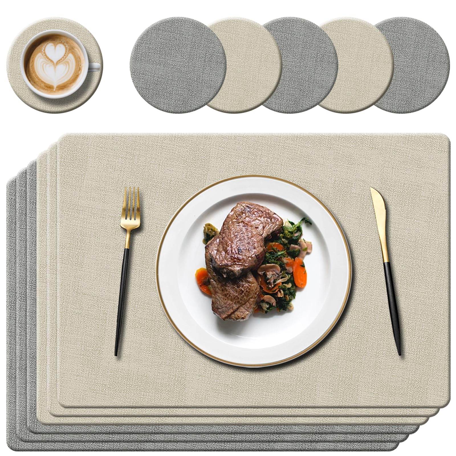 Faux Leather Place Mats and Coasters, Light Grey/Cream, 43x30cm, Set of 6