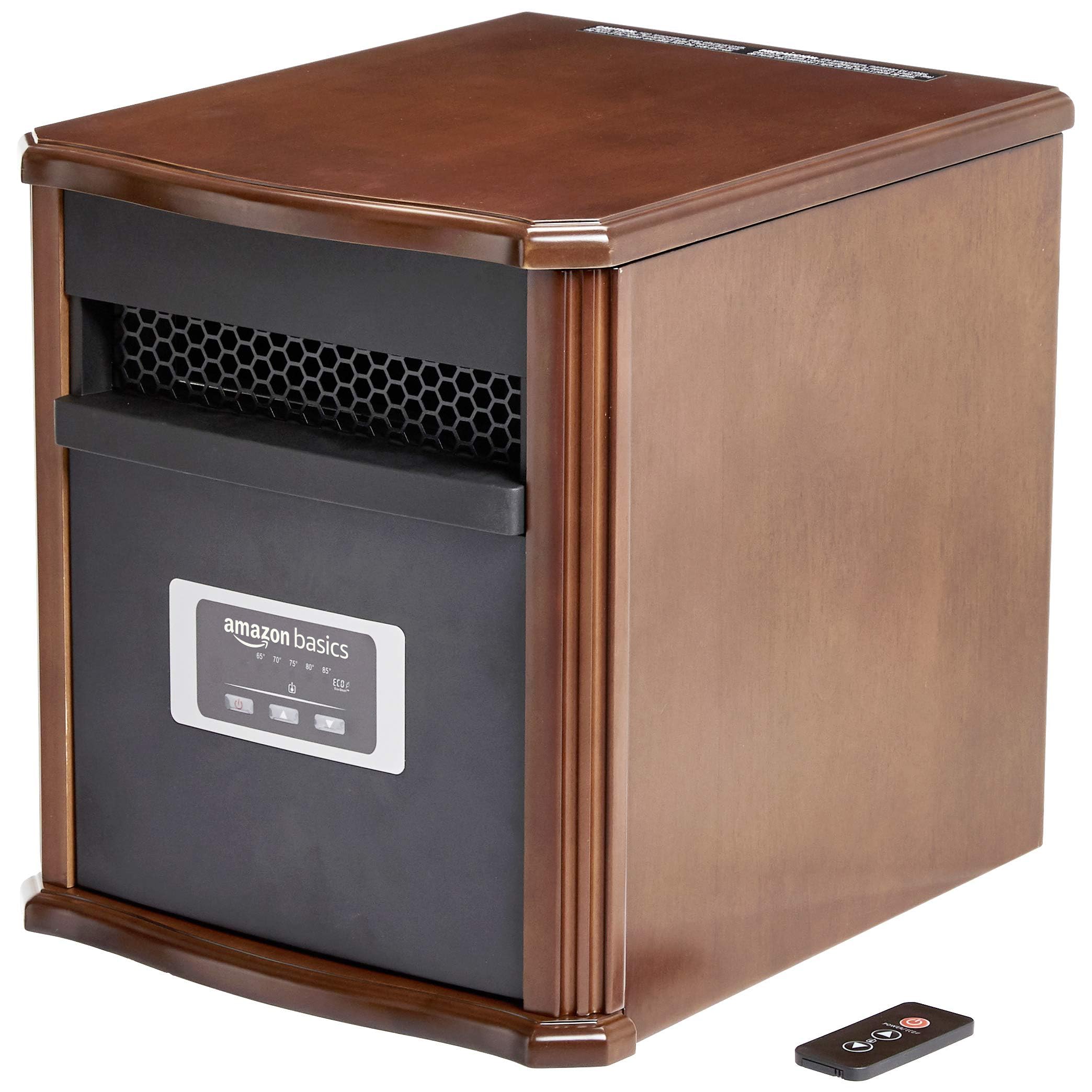 Amazon Basics Portable Space Heater, With Classic Wood Case, Remote Control, Adjustable Thermostat, LED display, Energy-Saving ECO-Smart Setting, 1500W, Brown, 12"D x 13"W x 16"H