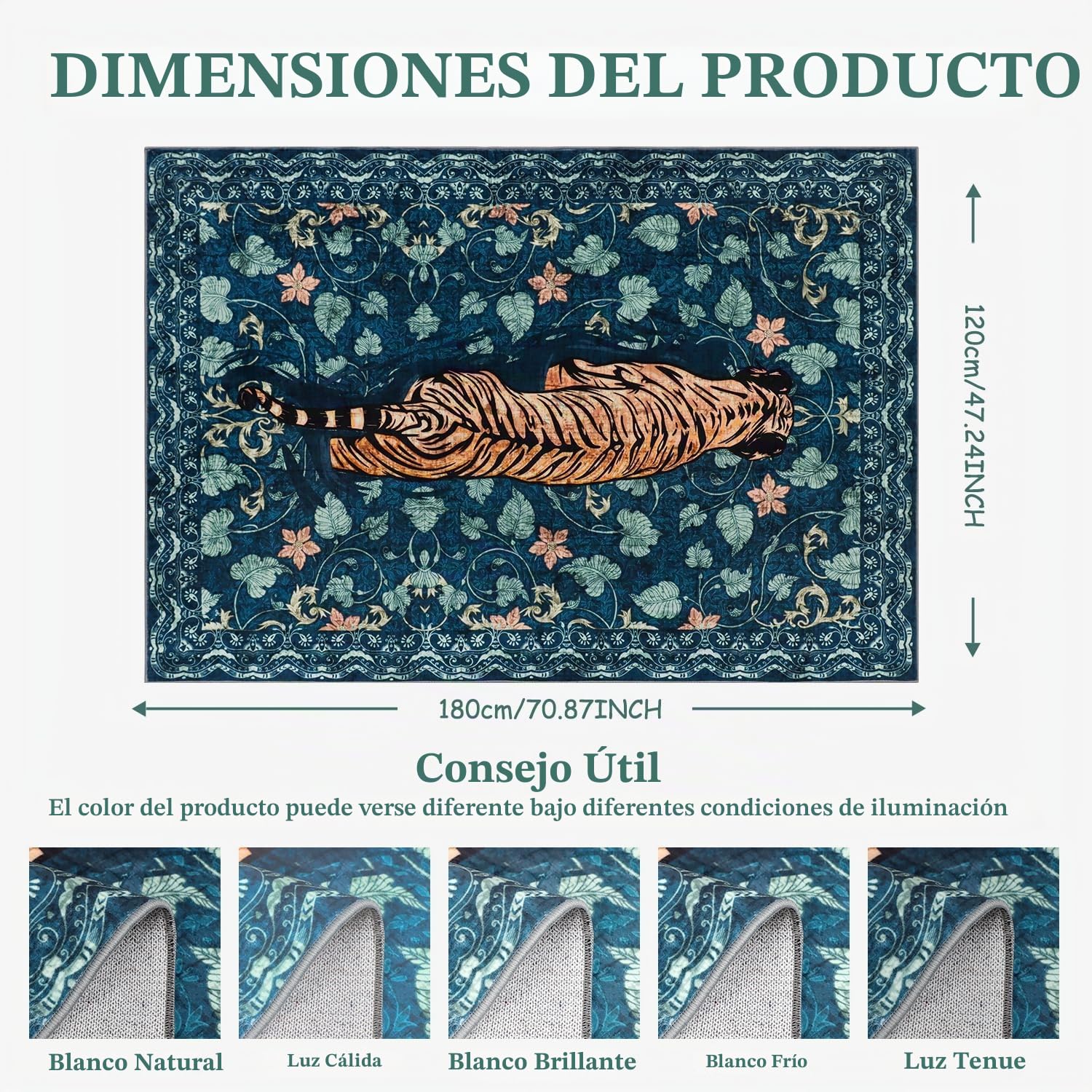 Alfombra lavable para salón, 120 x 180 cm, alfombra verde tigre con base antideslizante, alfombra suave y corta para cocina, alfombra grande bohemia para baño, dormitorio, oficina