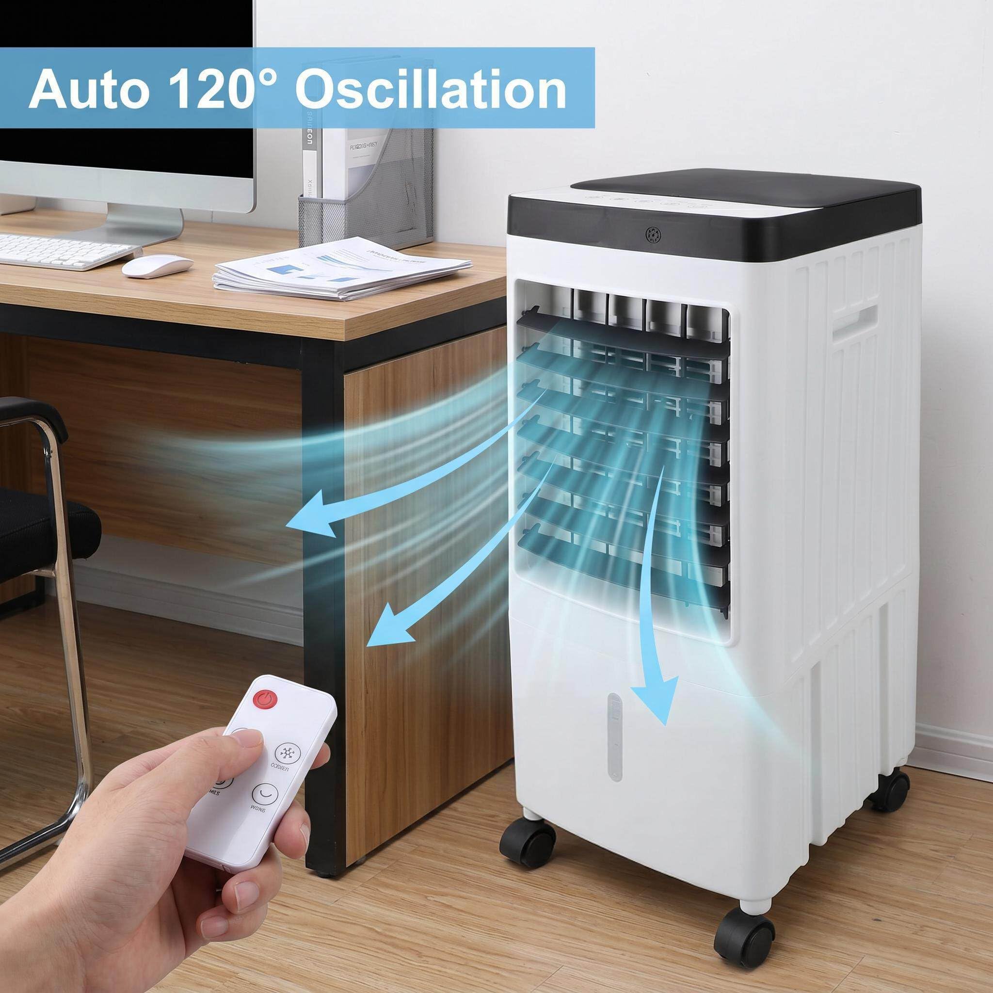 Luocute Verdunstungsluftkühler, Tragbarer 3-IN-1-Lüfter mit Fernbedienung und 3 Geschwindigkeiten, für Home-Office-Schlafzimmer (EU-Stecker 220 V)