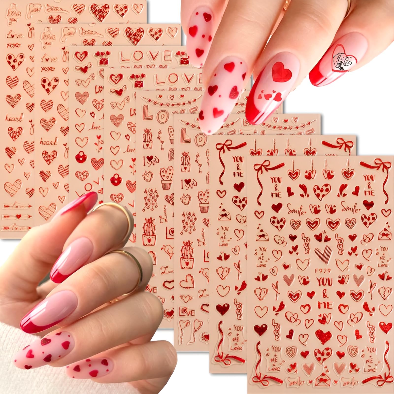 8 Sheets Red Heart Nail Art Stickers Valentine's Day Nail Decals 3D Self-Adhesive Pegatinas Uñas Red Heart Love Nail Supplies Nail Art Design Decoration Accessories for Women