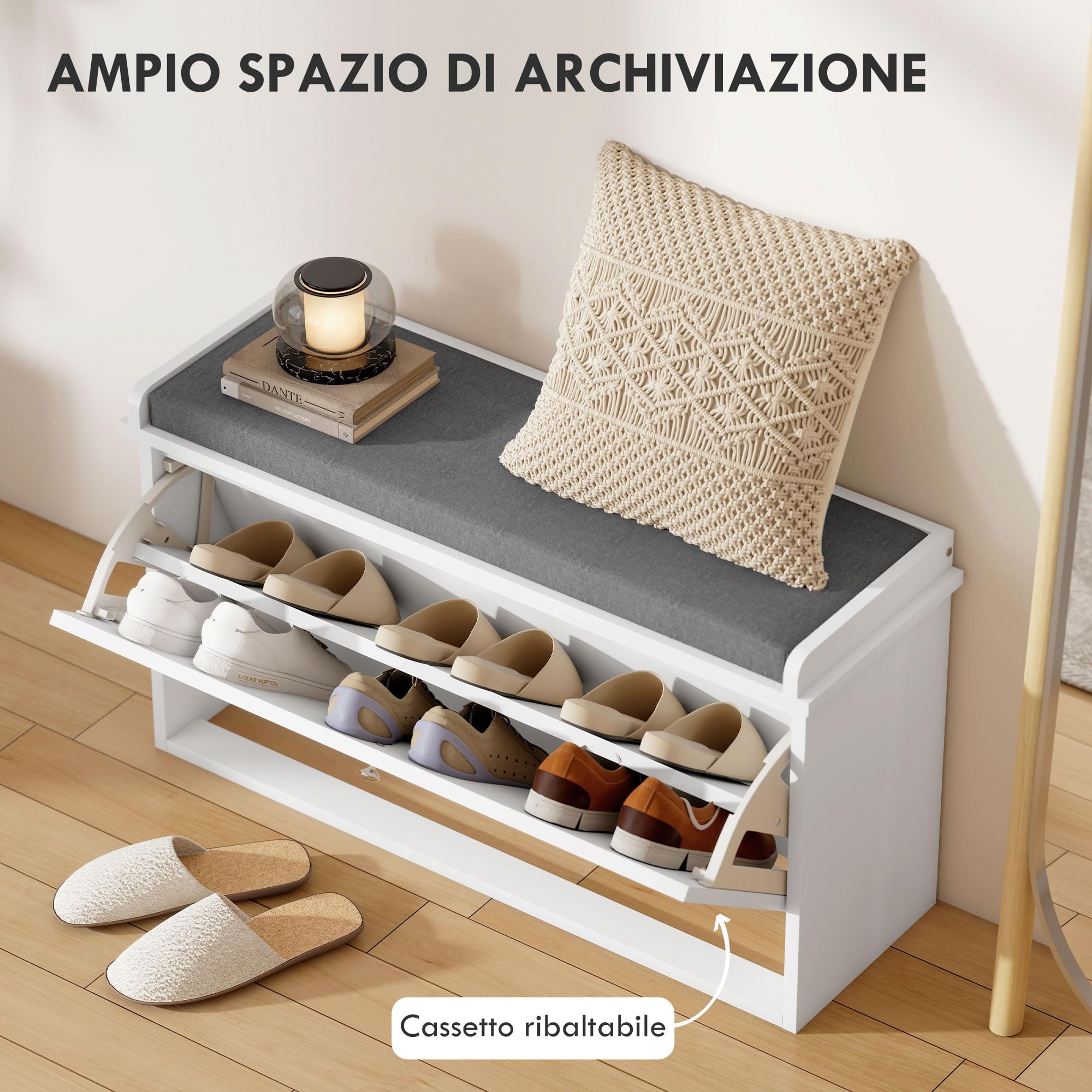 HOMCOM Panca Scarpiera con Ripiano Regolabile per 8 Paia di Scarpe e Cuscino, Scarpiera da Ingresso Salvaspazio con Cassetto Ribaltabile, Bianco