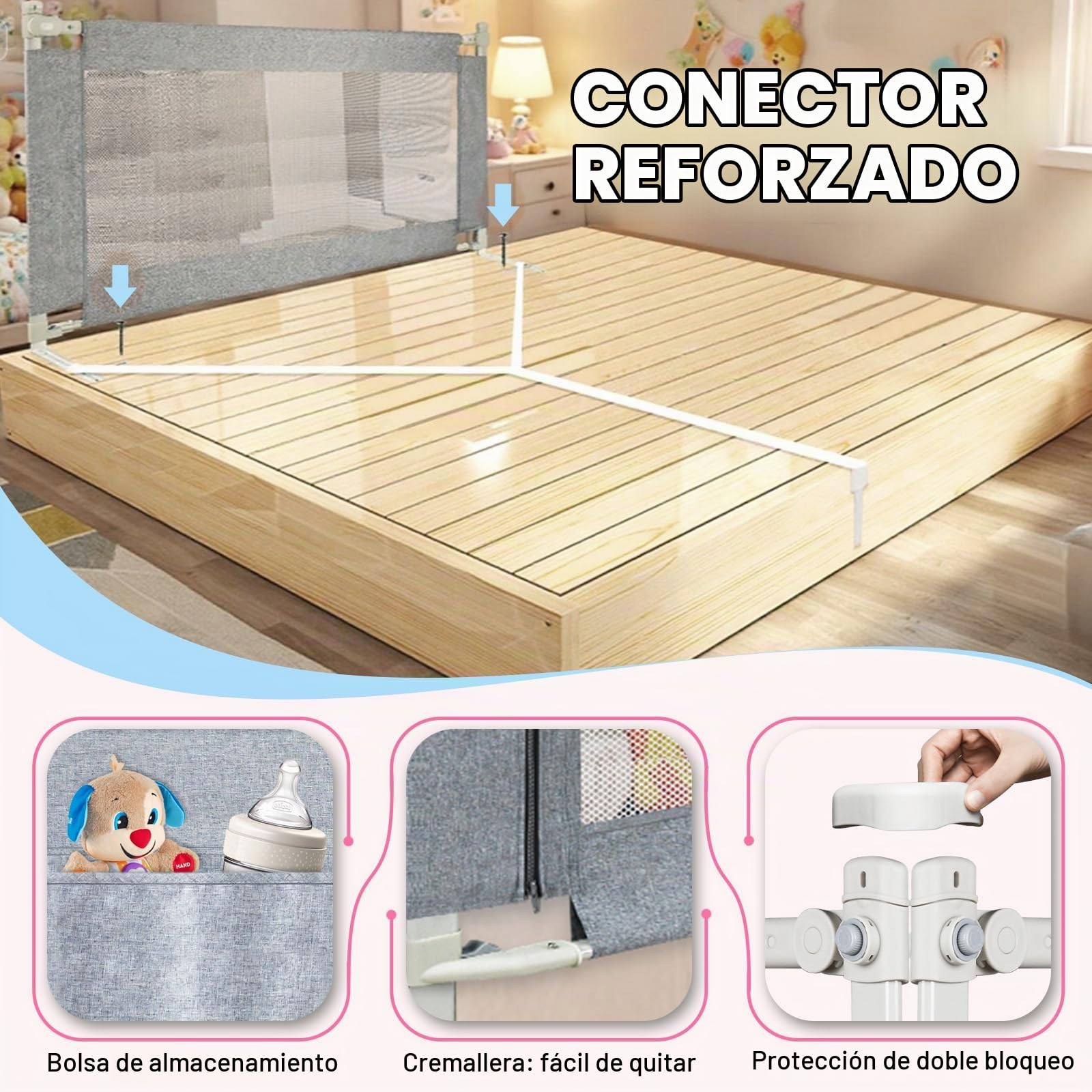 Barrera para Cuna con 28 Posiciones de Ajuste de Altura (70 – 93 cm), Barrera de Seguridad para Cama de Viaje con Red Respirable, 180 cm, Color Gris