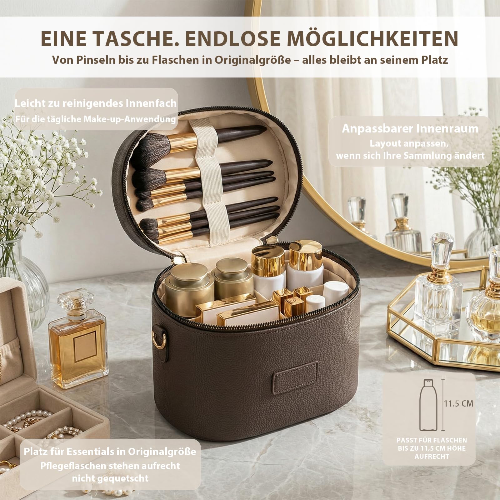 Kosmetiktasche Damen, Make Up Tasche für Frauen – Leder Vanity Case mit herausnehmbarer Trennwand, Waschbare Fächer