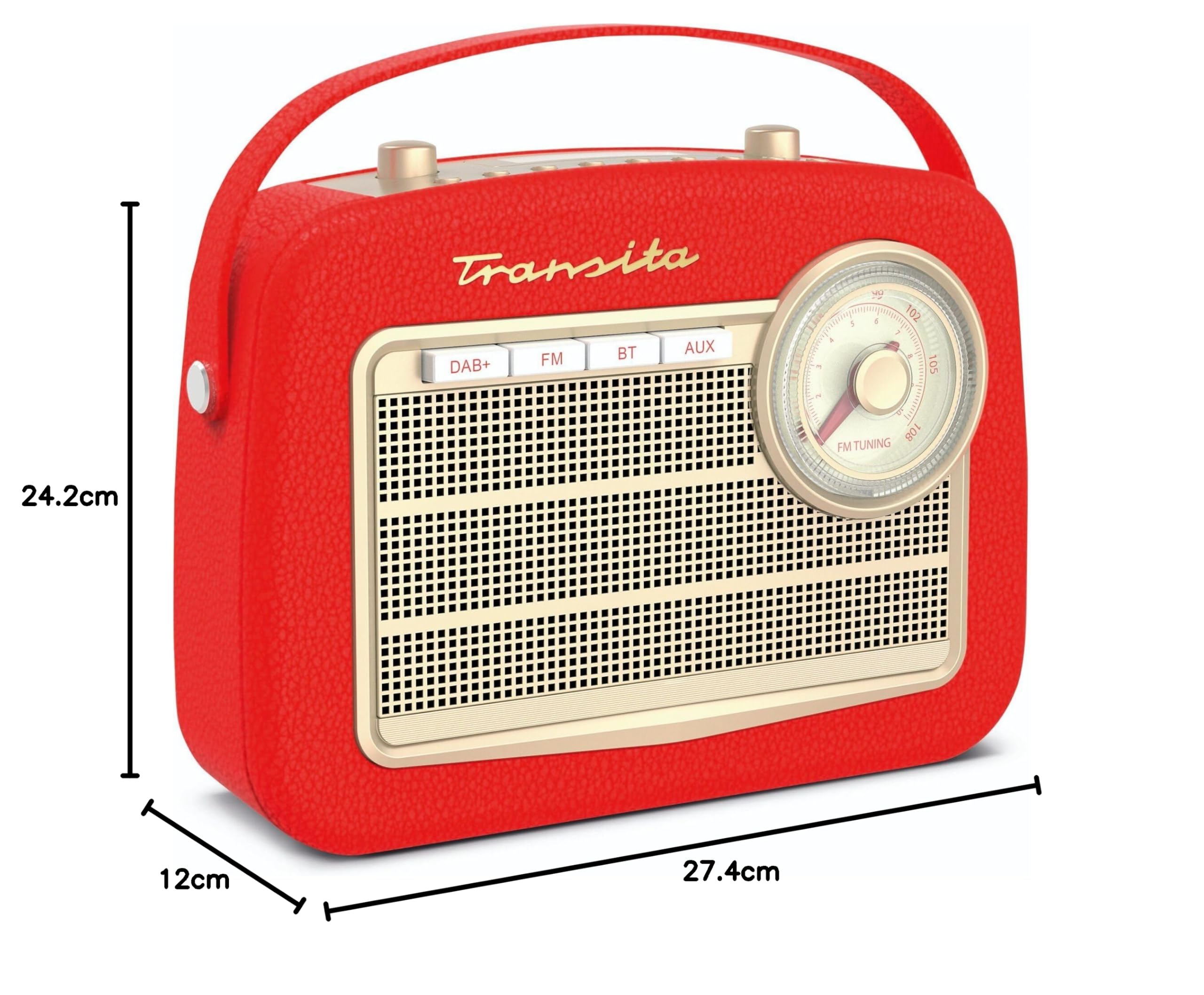 TechniSat Transita 130 - portables DAB+/UKW-Retroradio mit UKW Frequenzregler (Bluetooth-Audiostreaming, USB, Dot-Matrix LC-Display, Akku für bis zu 24 Stunden, Tragegriff, Kunstleder-Gehäuse) rot