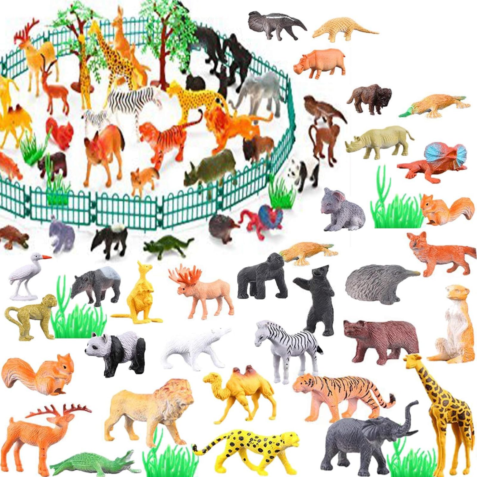 53 Pieces Animal Figures Toy Set - Plastic Educational Jungle Animal Toys for Boys Girls Kids Toddlers Farm Small Animals Includes 32 Mini Animal Figures,16 Fences, 4 Grass and 1 Trees