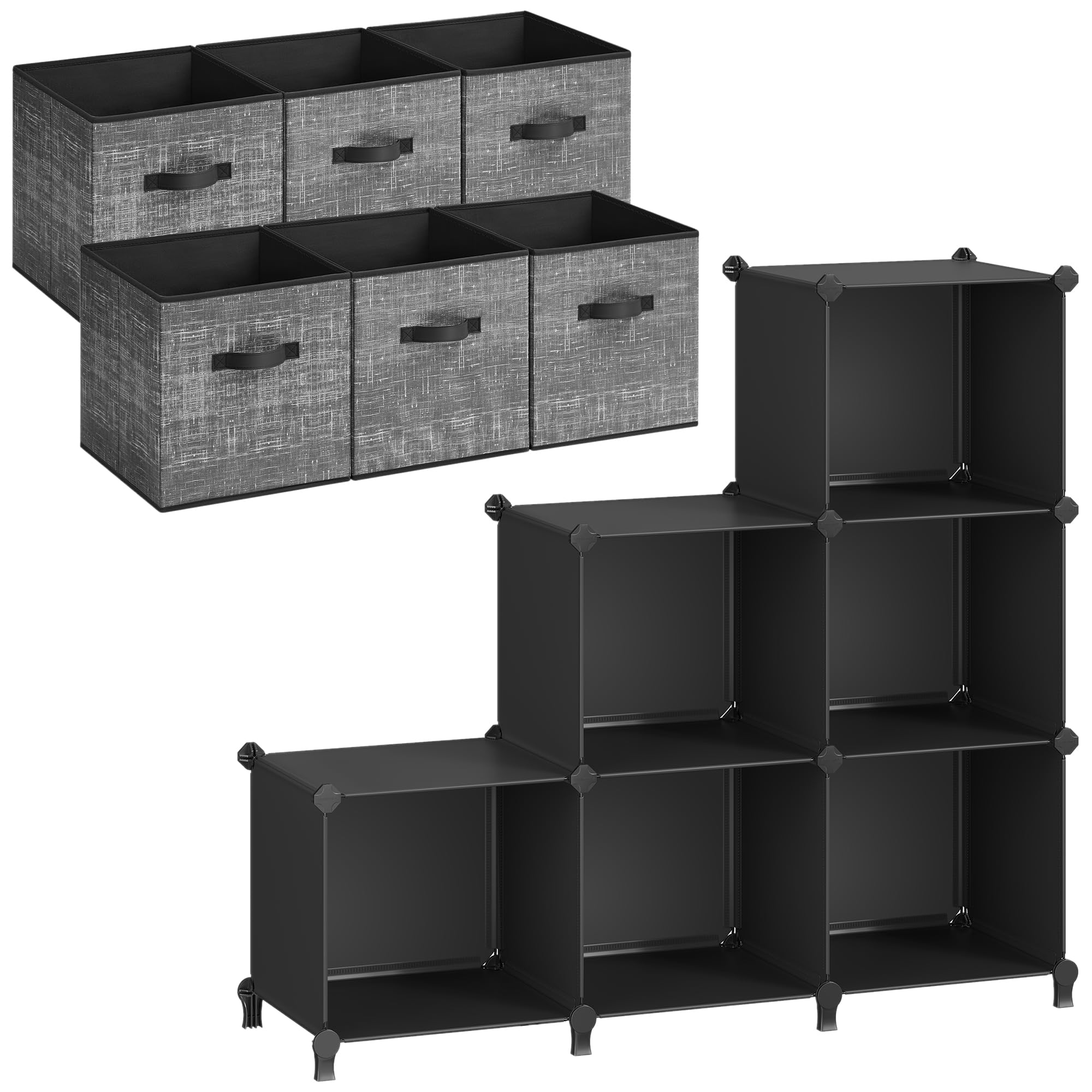 SONGMICS Storage Cubes and Large 6 Cube Storage Organizer Bundle, 13-Inch Non-Woven Fabric Bins with Double Handles, Plastic Clothes Organizer, Black UROB033B01 and ULPC206B01