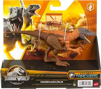 Mattel Jurassic World Strike Attack Dinosaur Toy with Single-Strike Action & Movable Joints, Herrerasaurus Action Figure Includes Digital Play